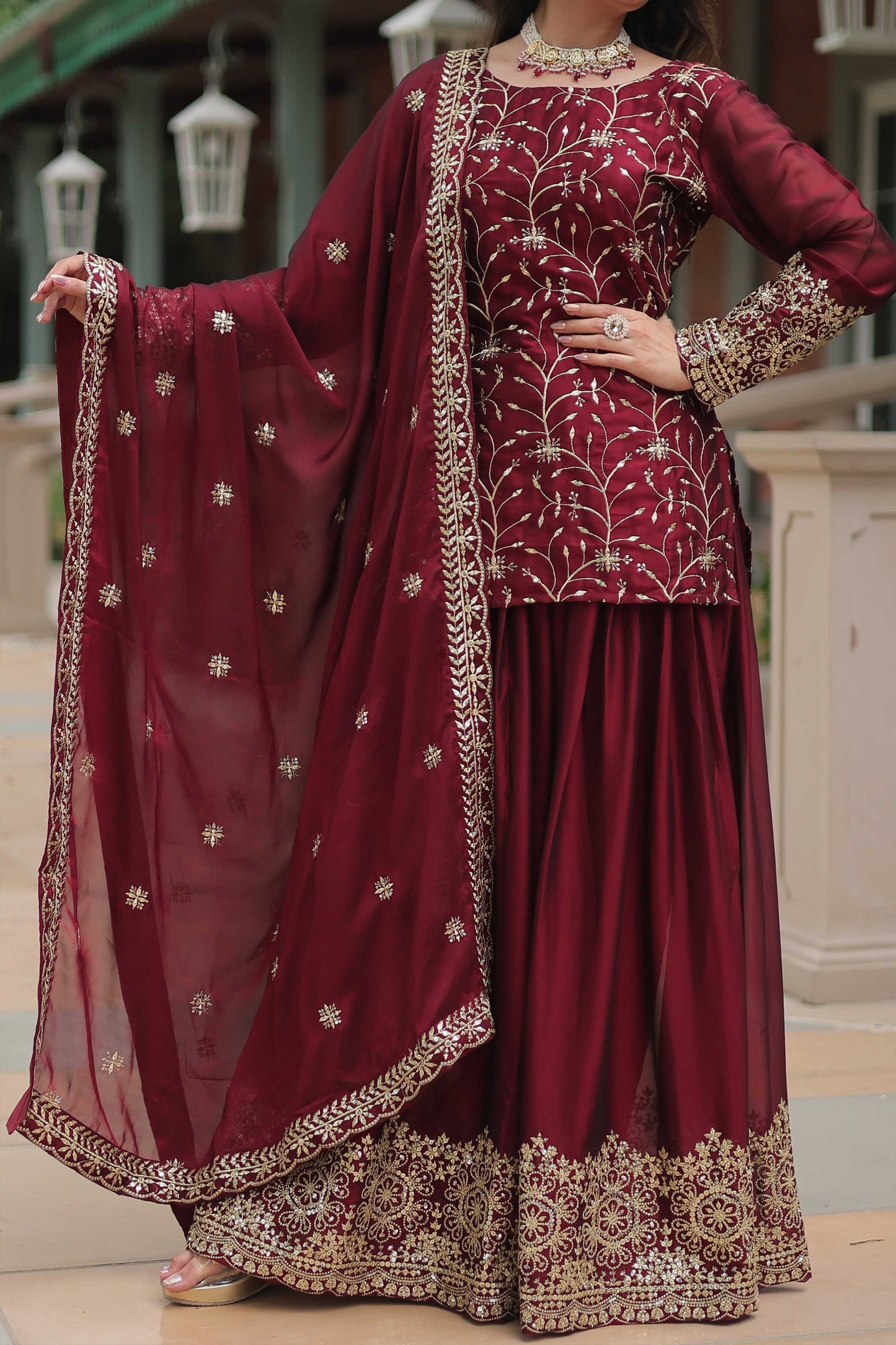 Premium Designer Kurti Plazzo Dupatta Set – Rangoli Silk with Heavy Sequins & Thread Embroidery