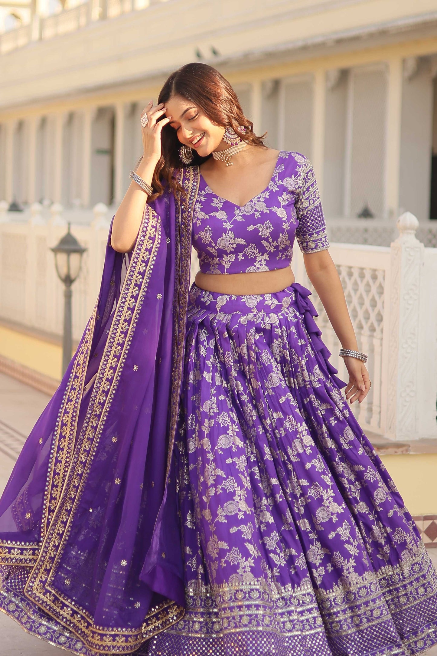 Designer Dyeable Viscose Jacquard Lehenga Choli & Dupatta Set – Sequins Embroidery & Russian Silk Dupatta