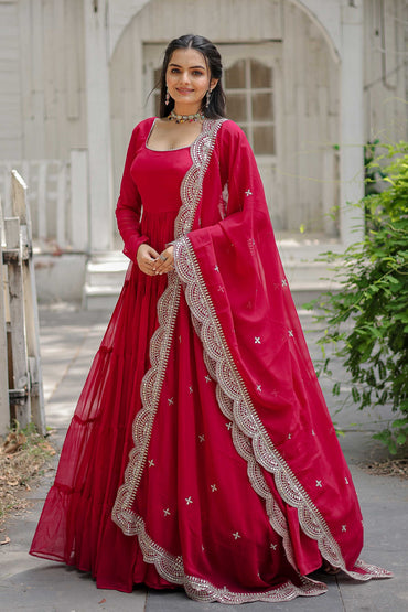 Desirable Women’s Gown with Designer Embroidered Dupatta – Faux Blooming Fabric & 12-Meter Flair