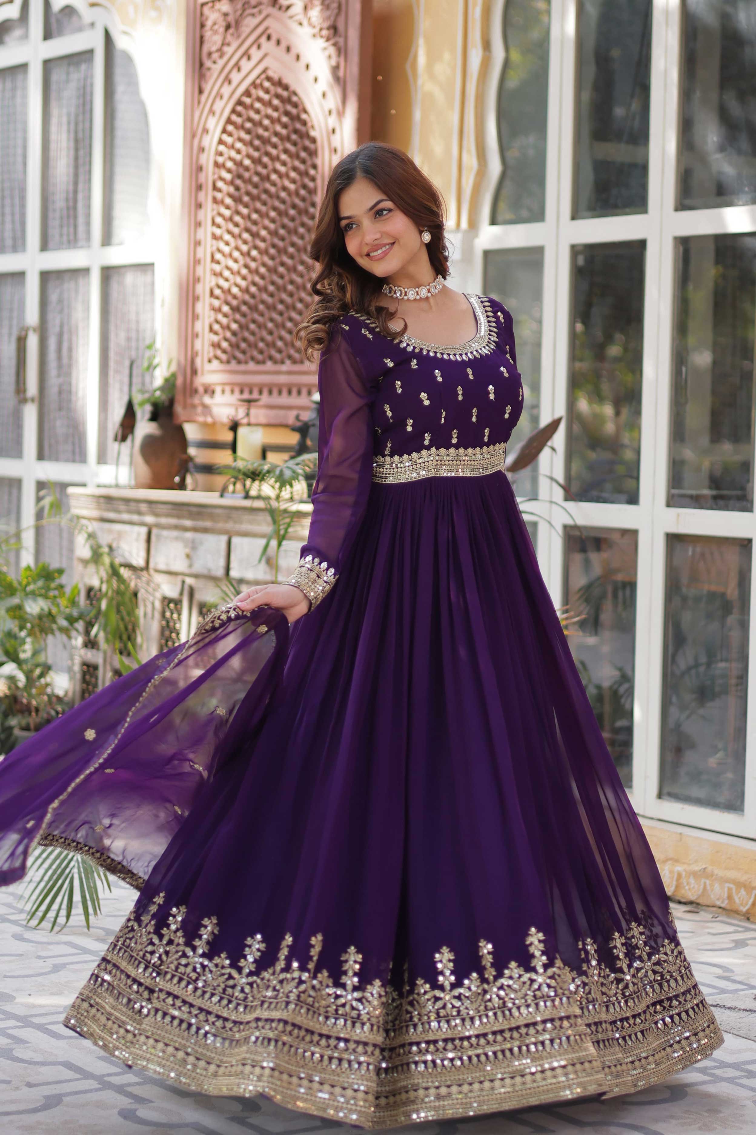 Elegant Faux Blooming Embroidered Gown with Dupatta – Zari & Sequins Work