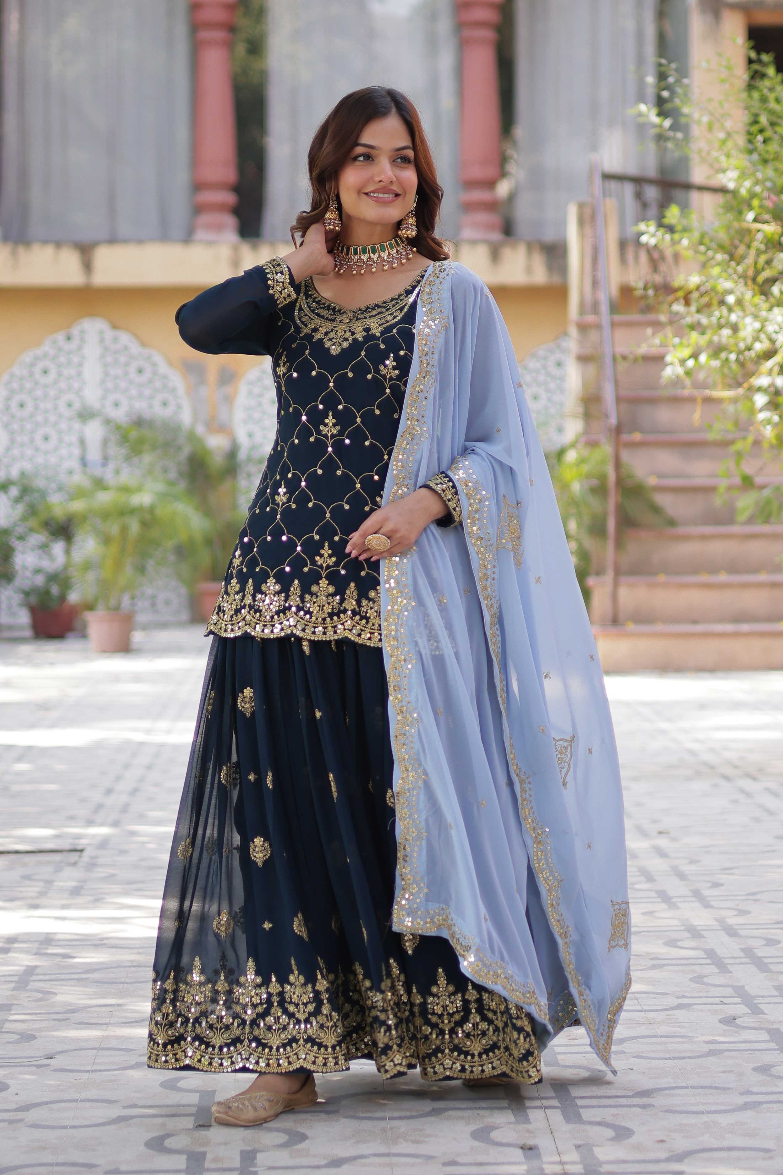 Premium Designer Kurti Plazzo Dupatta Set – Faux Blooming with Sequins Embroidery & Cutwork Dupatta