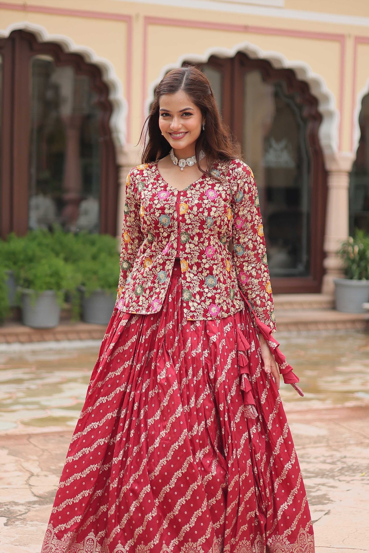 Premium Designer Sequins Embroidered Readymade Co-ord Set – Peplum Top & Flared Lehenga Free size (42')