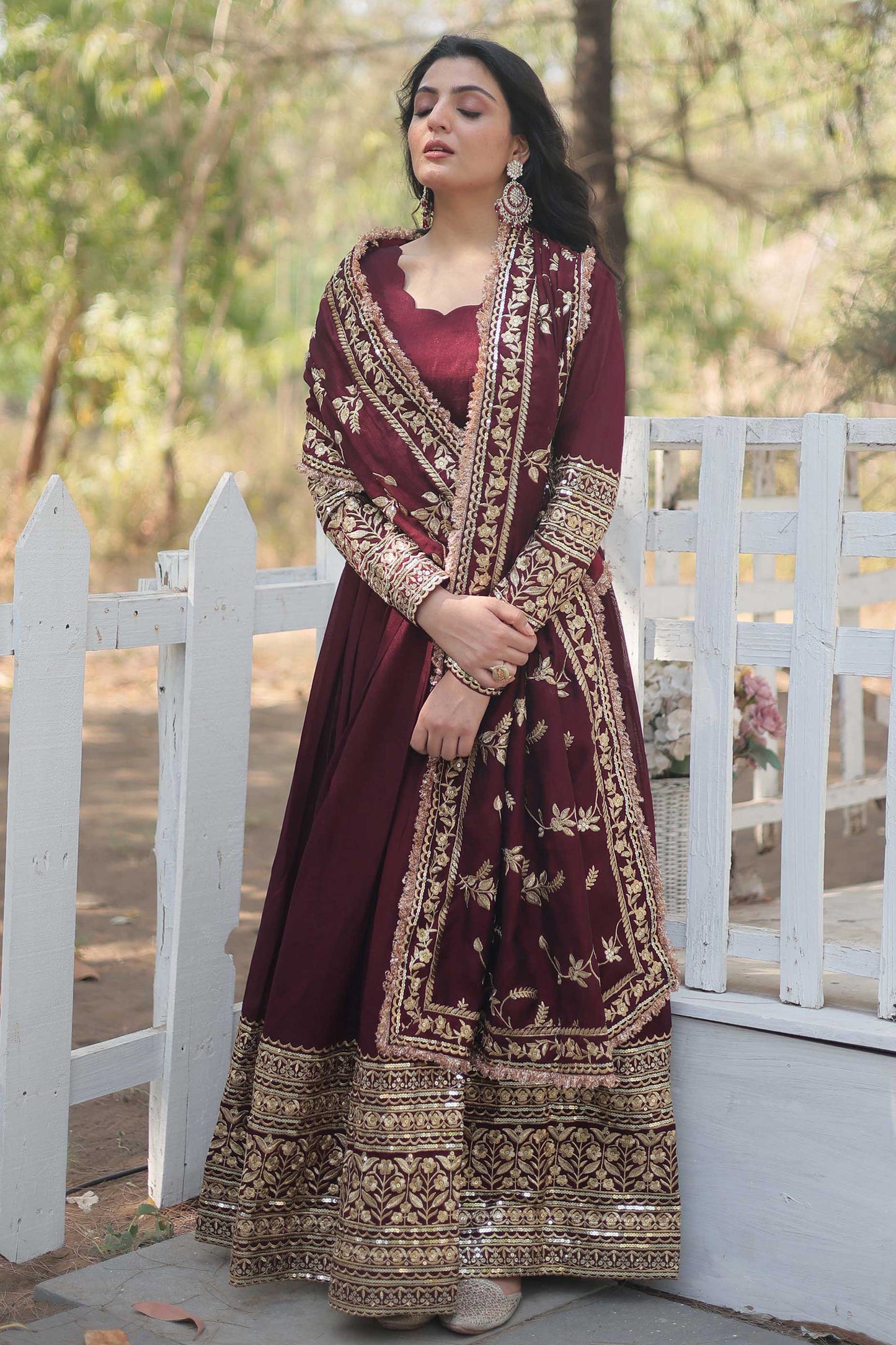 Premium Vichitra Shimmer Anarkali Gown with Dupatta – Rich Sequins Embroidery & Fancy V-Neck