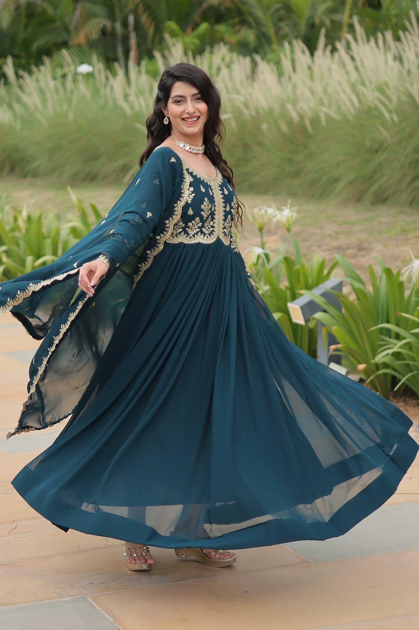Premium Readymade Gown with Dupatta – Faux Blooming with Multi-Sequins & Zari Embroidery