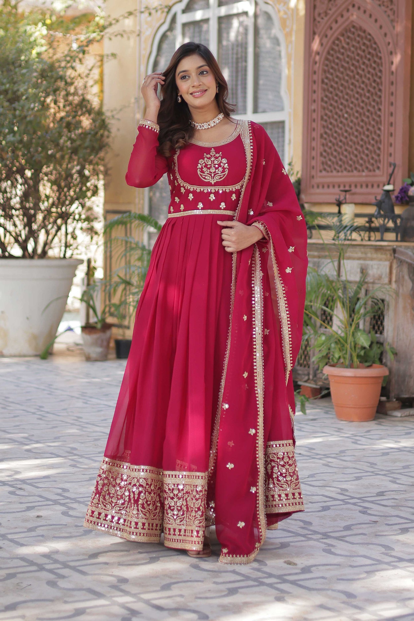 Faux Blooming Georgette Embroidered Gown with Dupatta β Rich Sequins Work & Lace Border