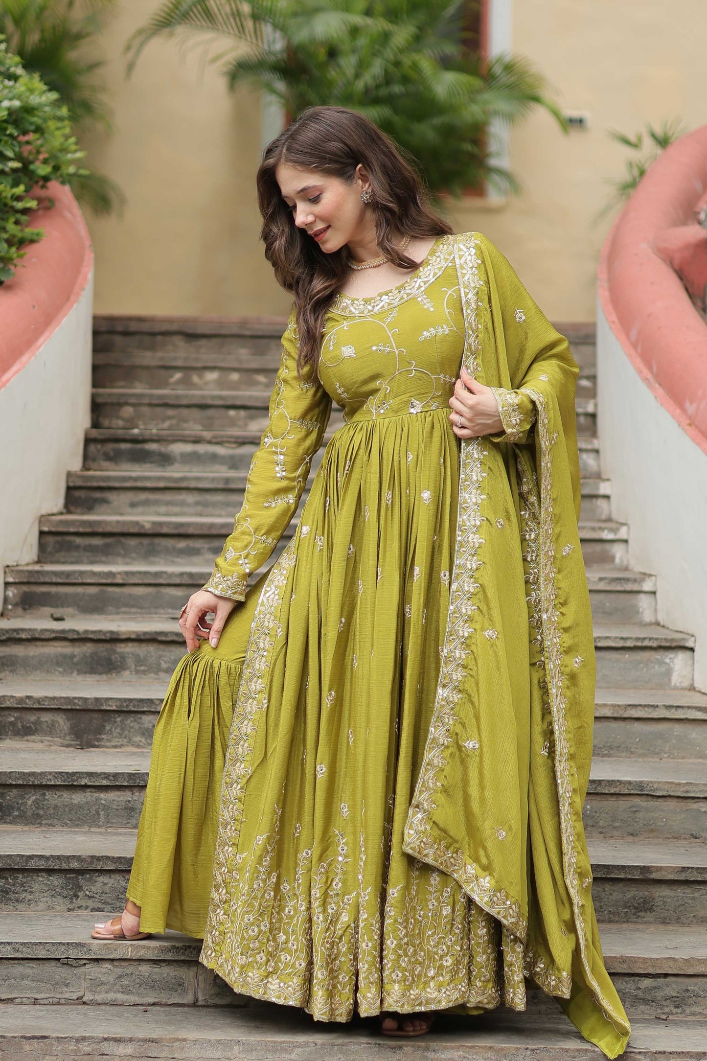 Premium Designer Top Gown Dupatta Set – Chinon With Rich Embroidery