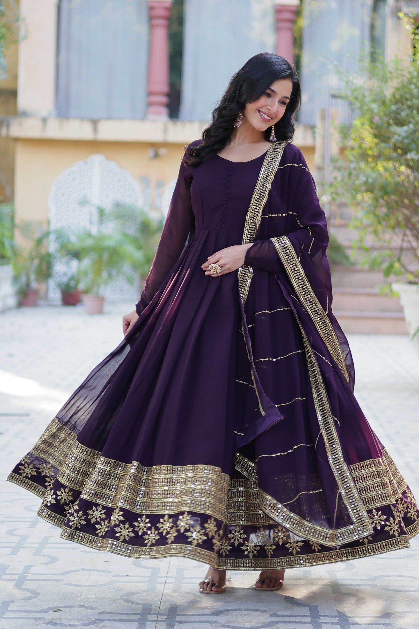 Faux Blooming Embroidered Gown with Dupatta – Multi-Sequins Work & Full Flair