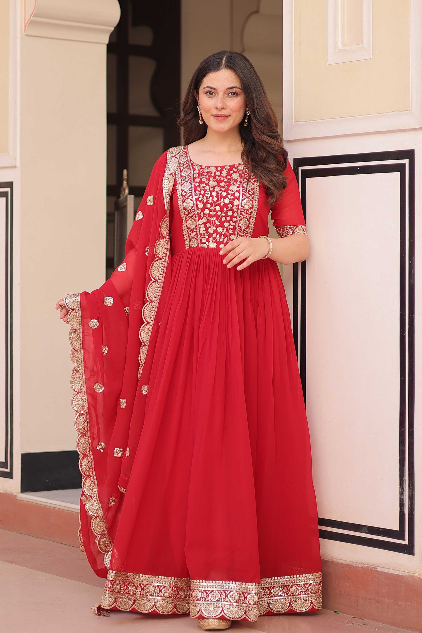 Designer Readymade Gown Set with Sequin Zari Work & Lace Dupatta