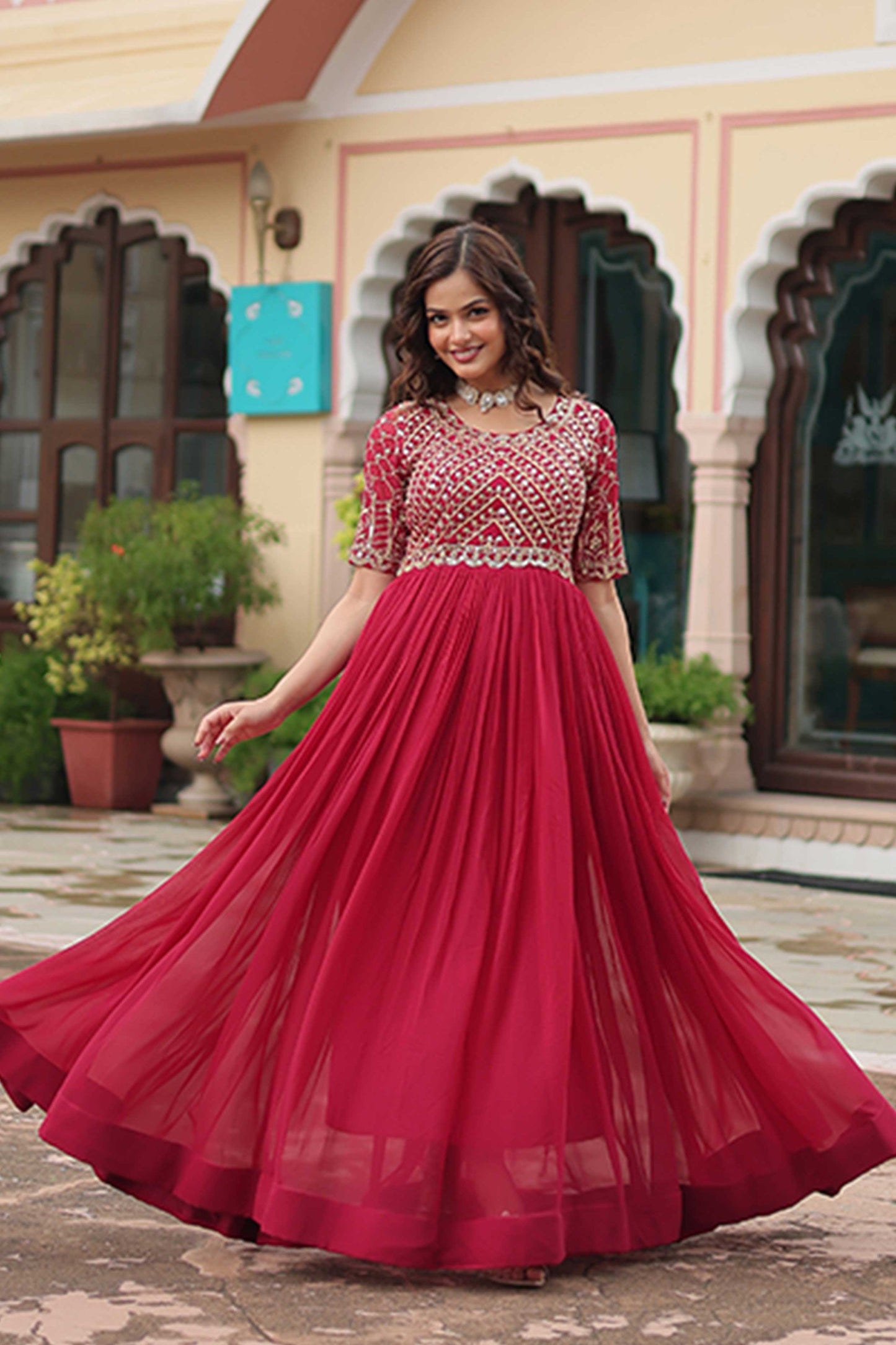 Premium Designer Readymade Gown – Faux Blooming with Zari & Sequins Embroidery