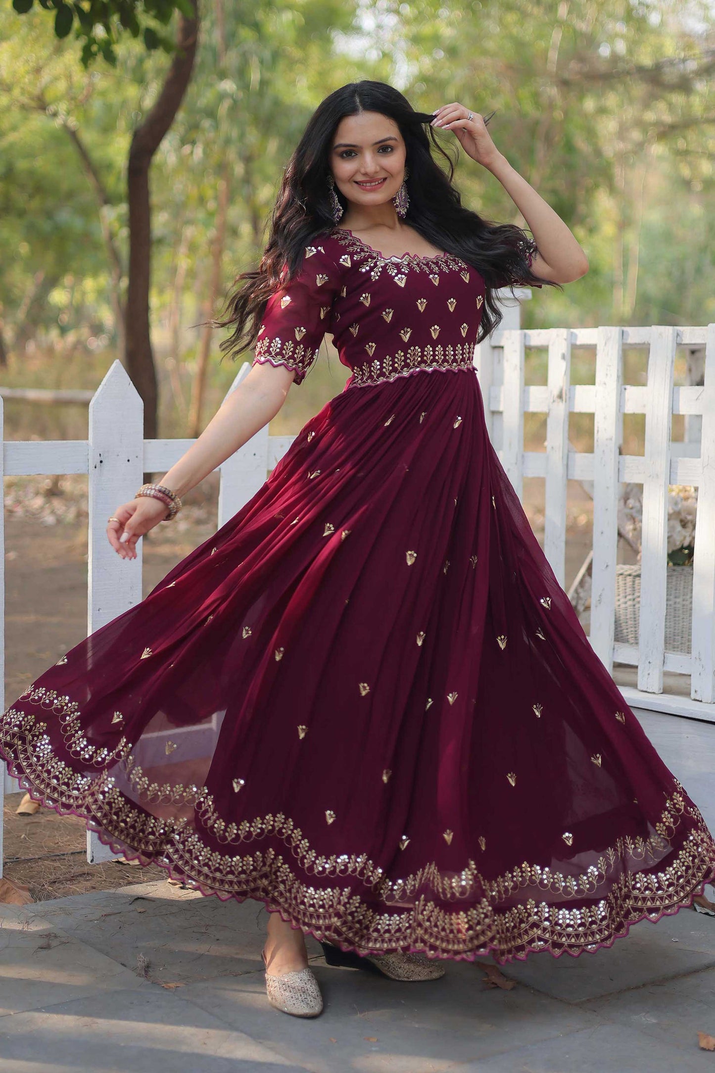 Brown Sequins Embroidered Readymade Anarkali Gown – Faux Blooming with Zari Work