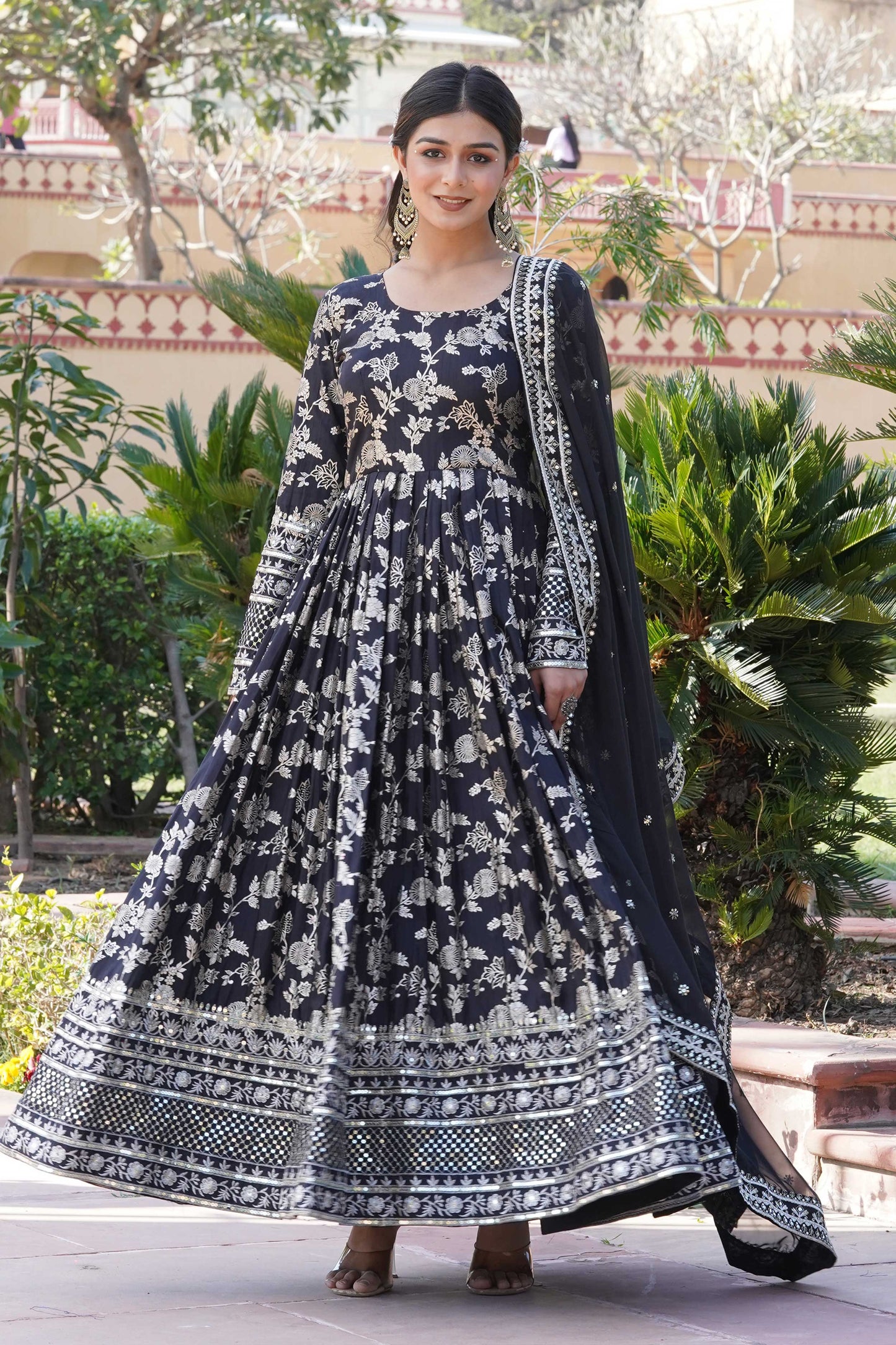 Designer Party Wear Anarkali Gown – Viscose Jacquard with Sequins Embroidery & Russian Silk Dupatta