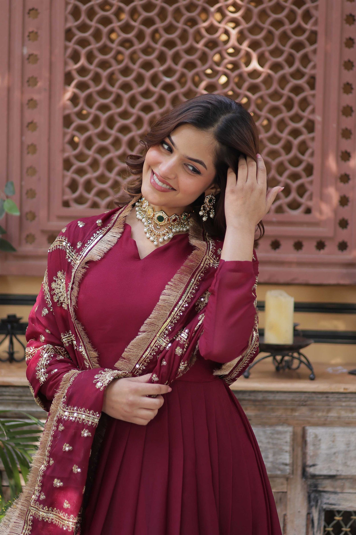 Premium Designer Star Georgette Gown with Dupatta – Zari & Sequins Embroidery