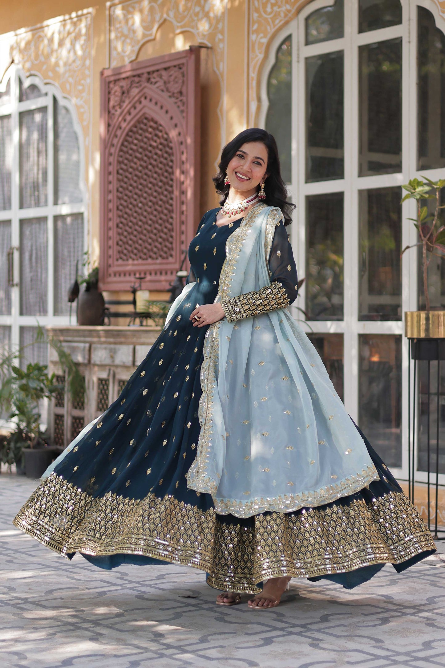 Faux Georgette Navy Blue Readymade Floor-Length Gown with Embroidered Cutwork Dupatta