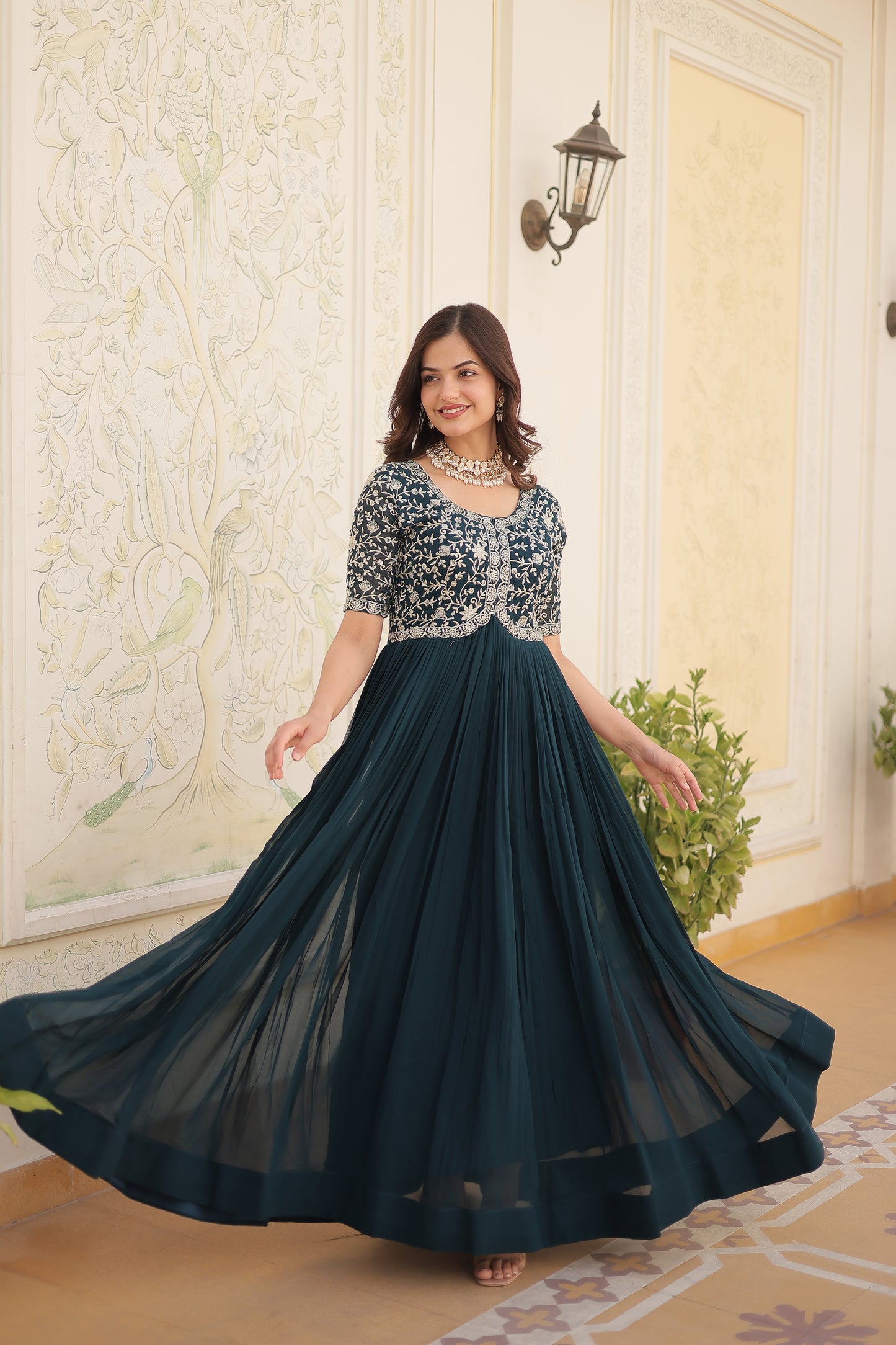 Elegant Georgette Embroidered Gown – Zari & Sequins Work