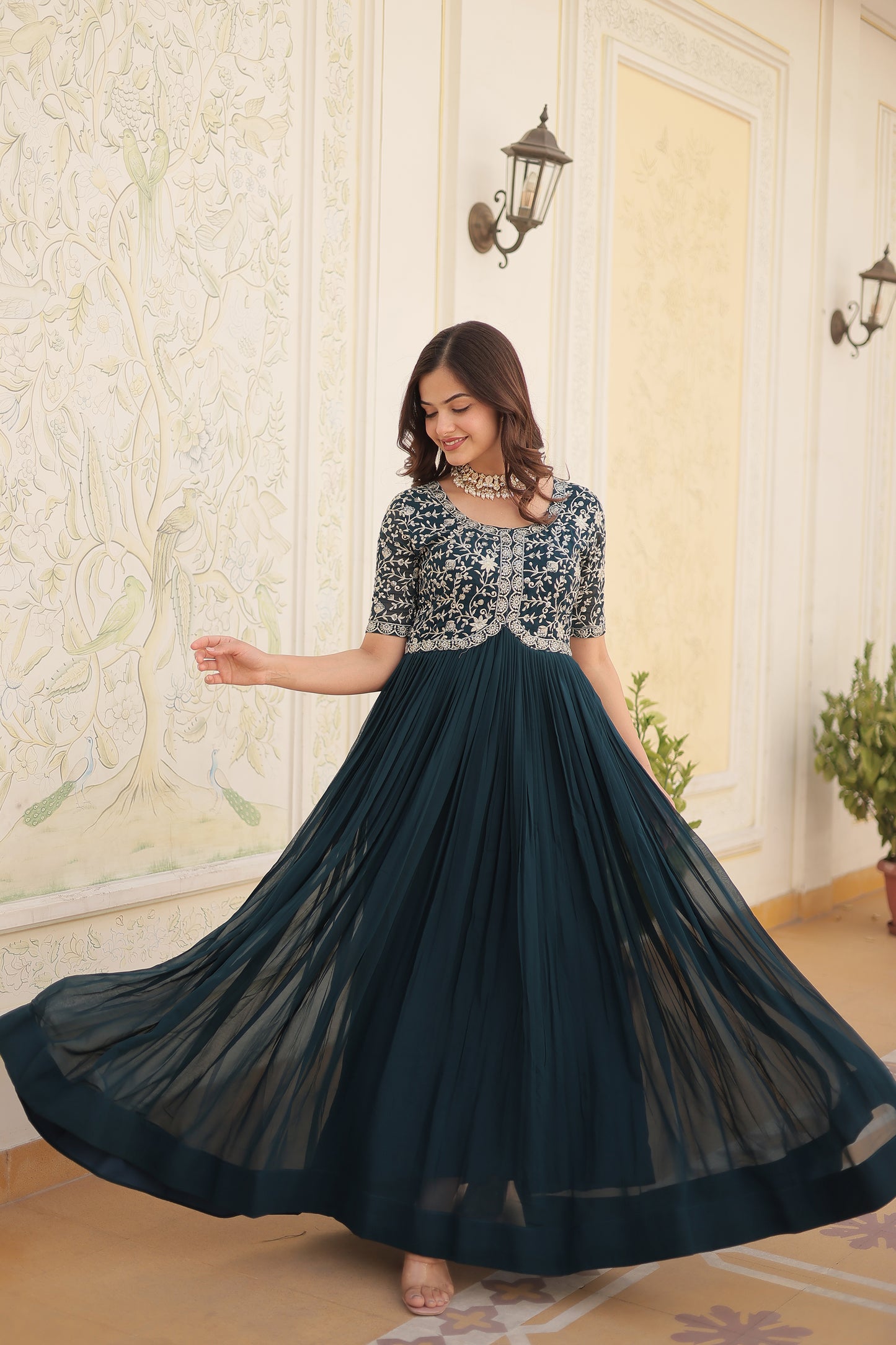 Elegant Georgette Embroidered Gown – Zari & Sequins Work