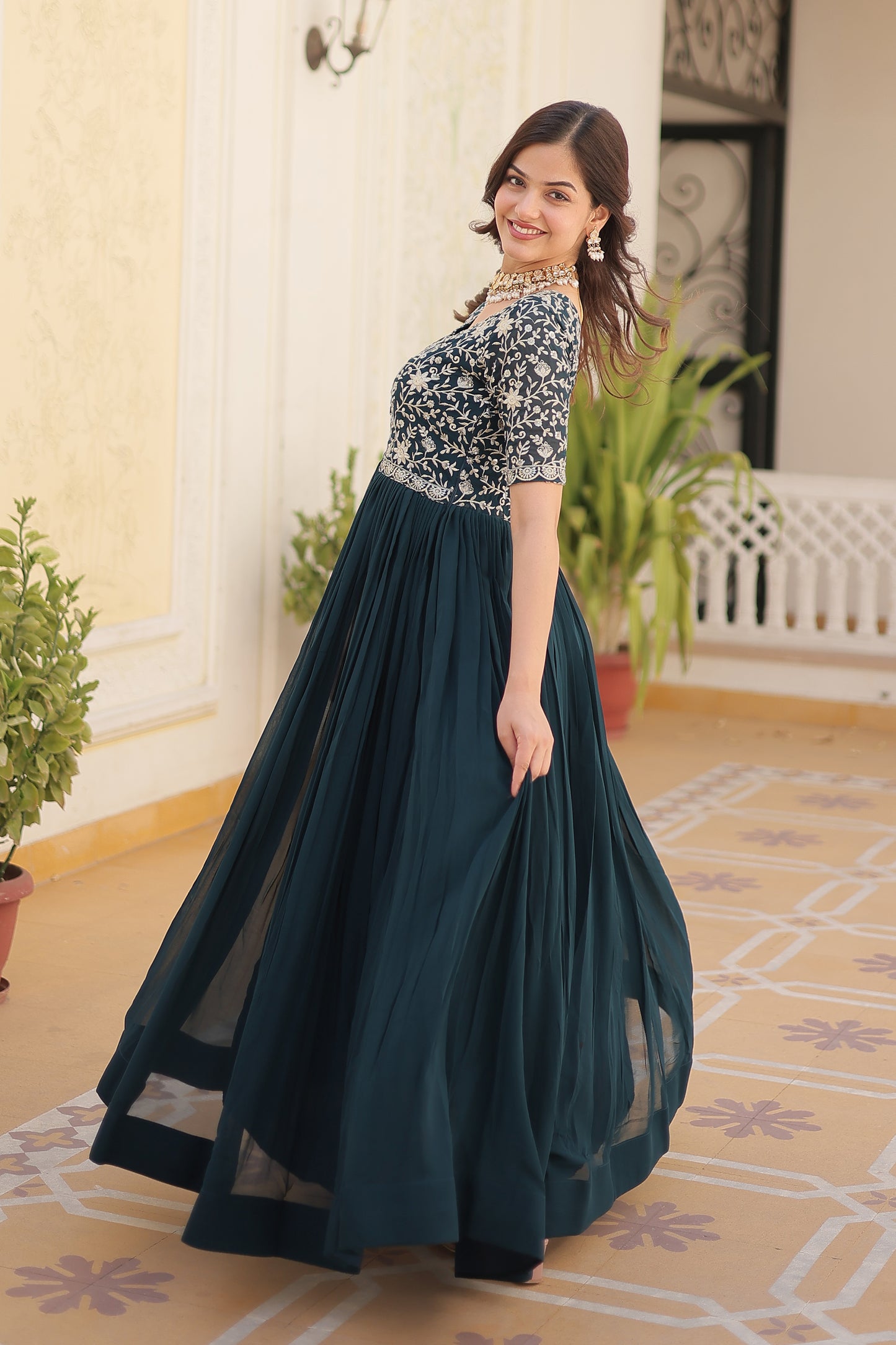 Elegant Georgette Embroidered Gown – Zari & Sequins Work