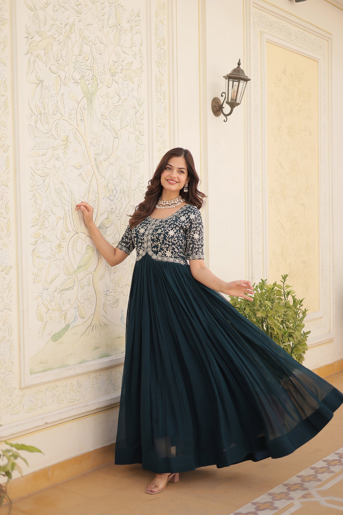 Elegant Georgette Embroidered Gown – Zari & Sequins Work