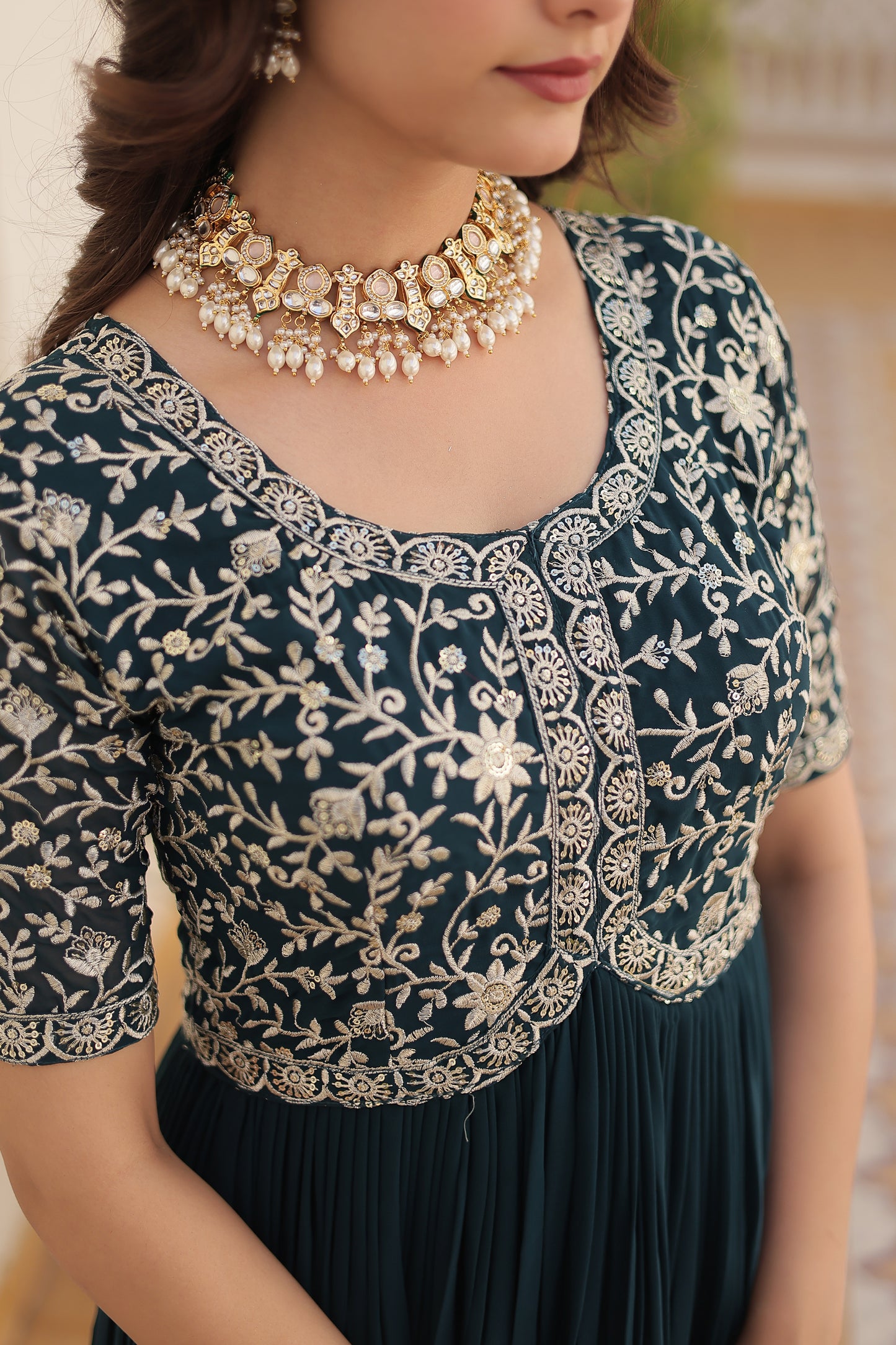 Elegant Georgette Embroidered Gown – Zari & Sequins Work