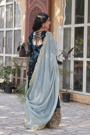 Faux Georgette Navy Blue Readymade Floor-Length Gown with Embroidered Cutwork Dupatta