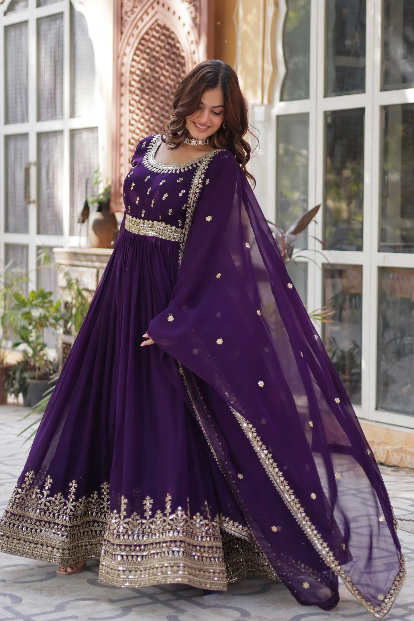 Elegant Faux Blooming Embroidered Gown with Dupatta – Zari & Sequins Work