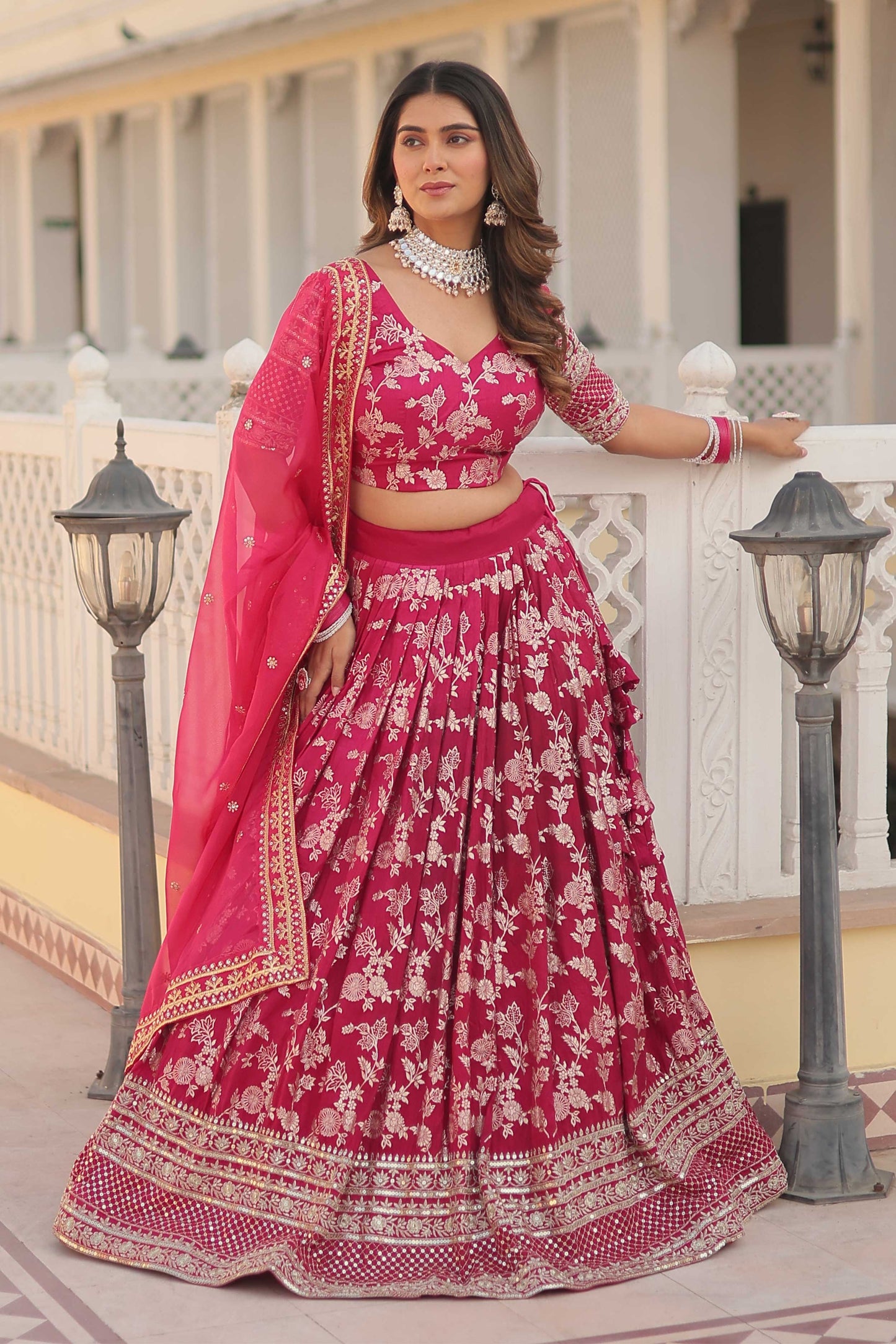 Designer Dyeable Viscose Jacquard Lehenga Choli & Dupatta Set – Sequins Embroidery & Russian Silk Dupatta