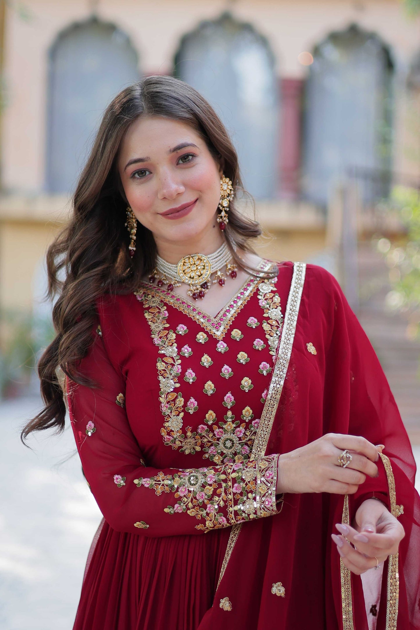 Elegant Faux Blooming Georgette Gown with Dupatta – Rich Sequins Embroidery & Lace Border