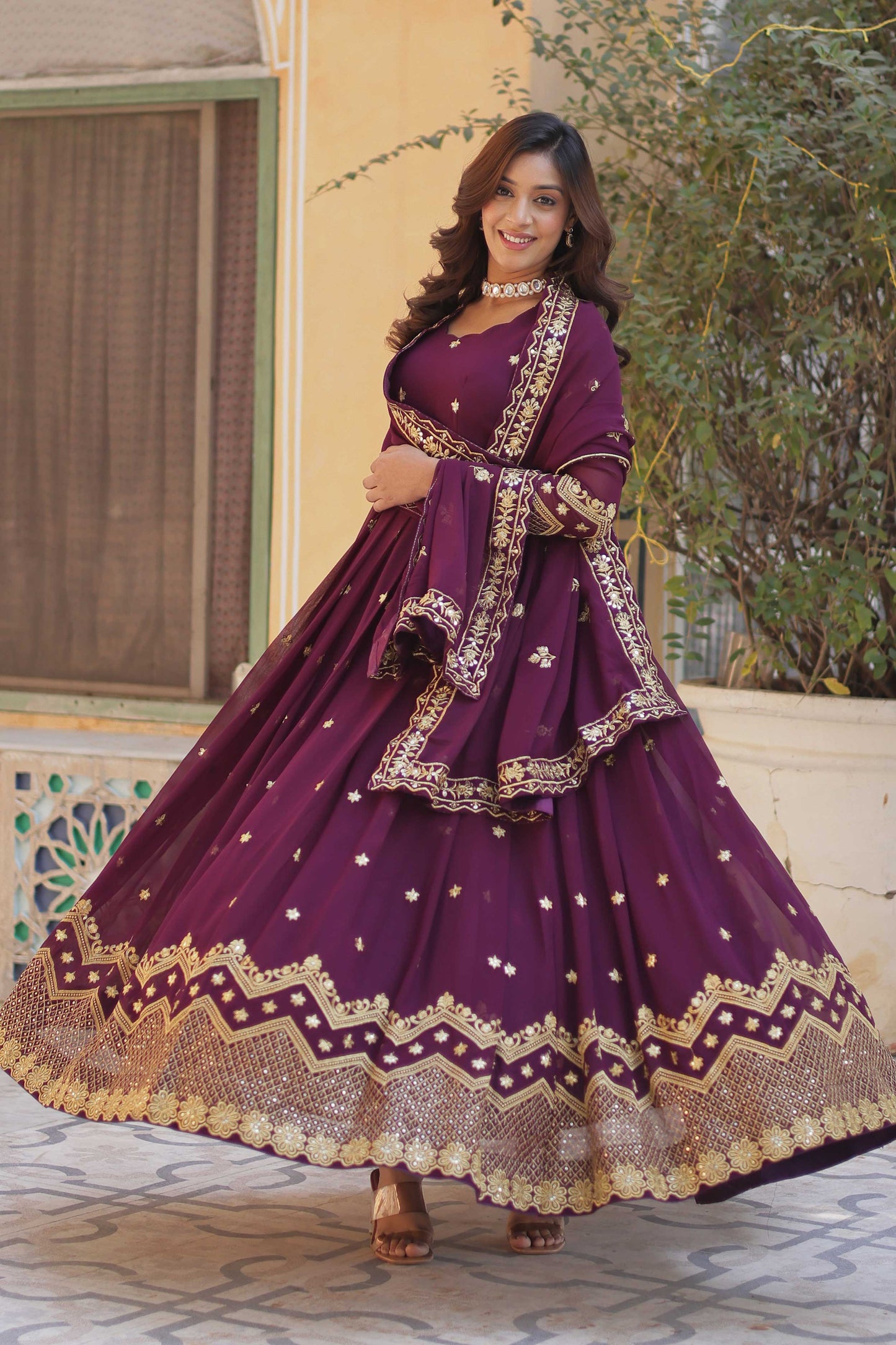 Premium Designer Readymade Gown with Dupatta – Zari & Sequins Embroidery | 2025 Collection