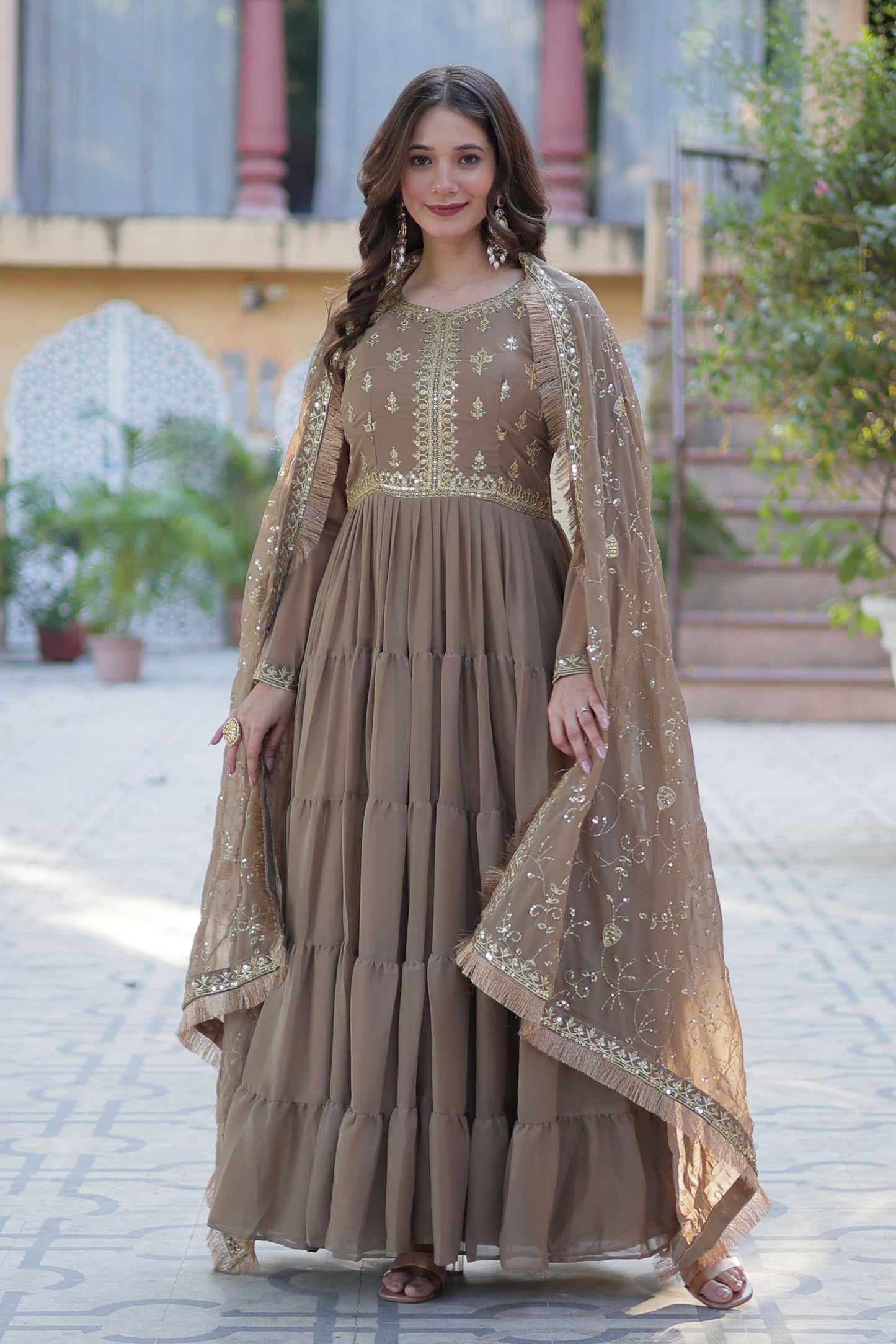 Women's Fully Flared Star Georgette Gown with Embroidered Dupatta – 15-Meter Flair & 5-Layer Frill Stitching