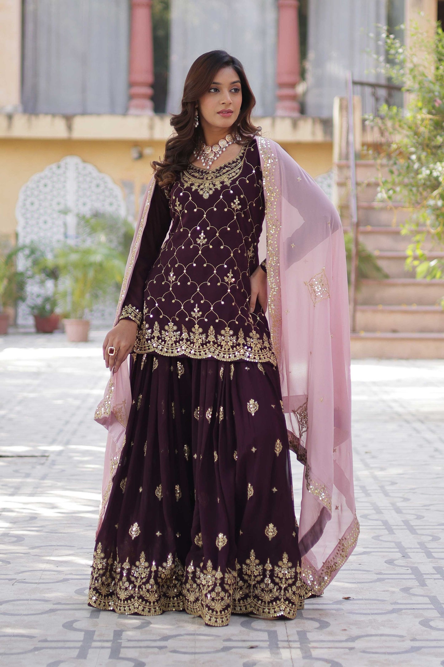 Premium Designer Kurti Plazzo Dupatta Set – Faux Blooming with Sequins Embroidery & Cutwork Dupatta