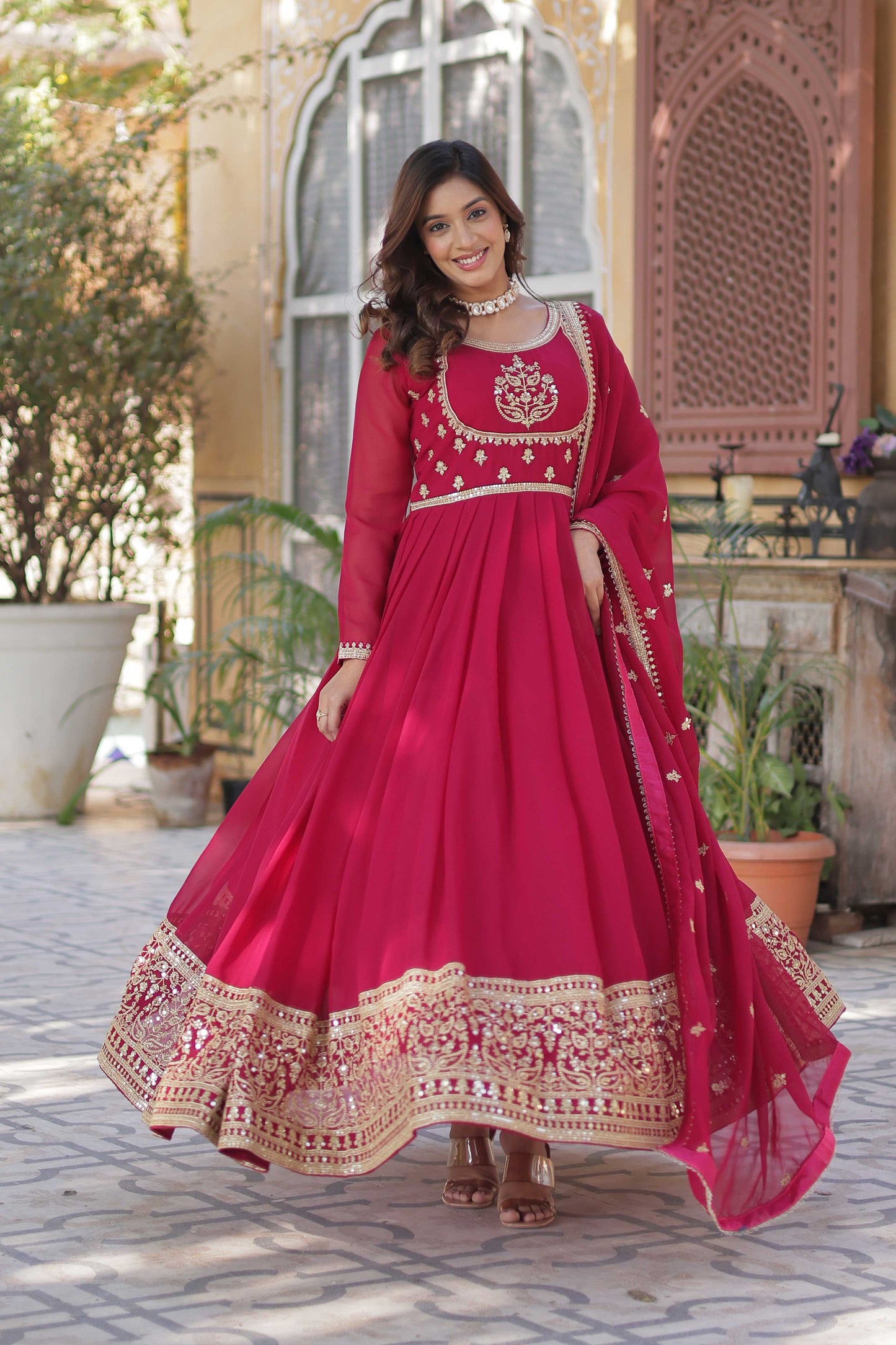 Faux Blooming Georgette Embroidered Gown with Dupatta β Rich Sequins Work & Lace Border