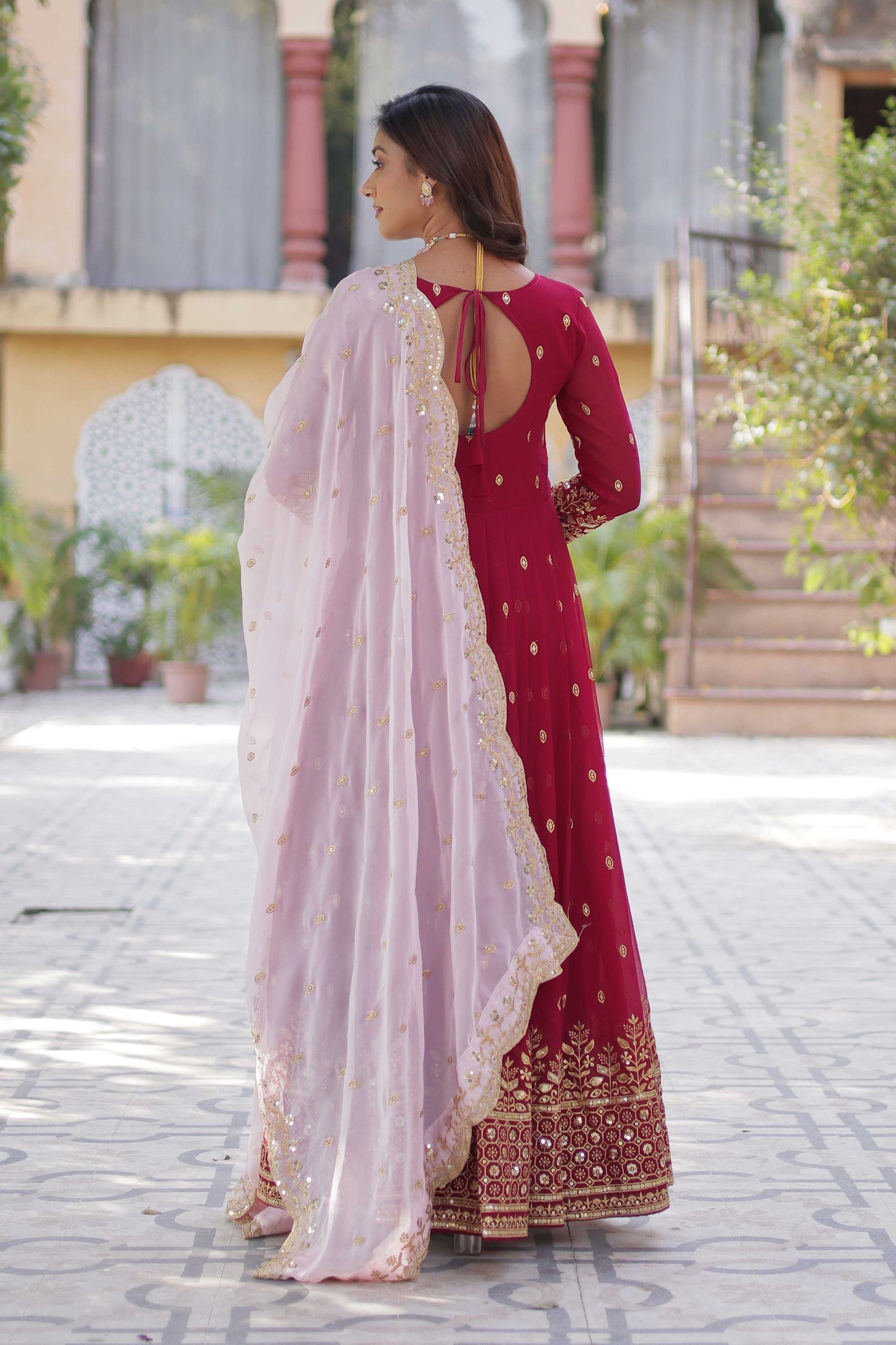 Premium Designer Readymade Gown with Dupatta – Zari & Sequin Embroidery, Cutwork Dupatta