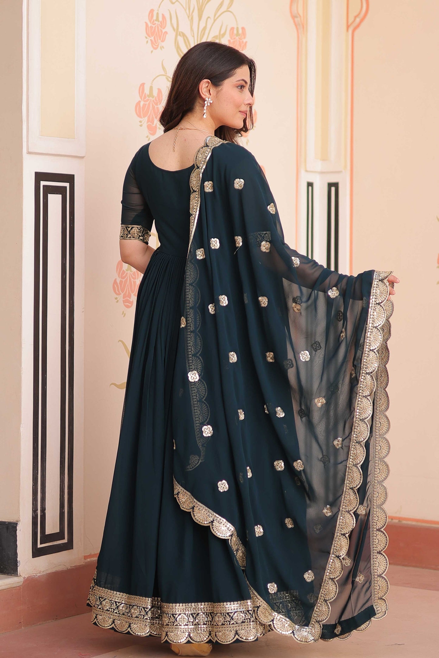Designer Readymade Gown Set with Sequin Zari Work & Lace Dupatta
