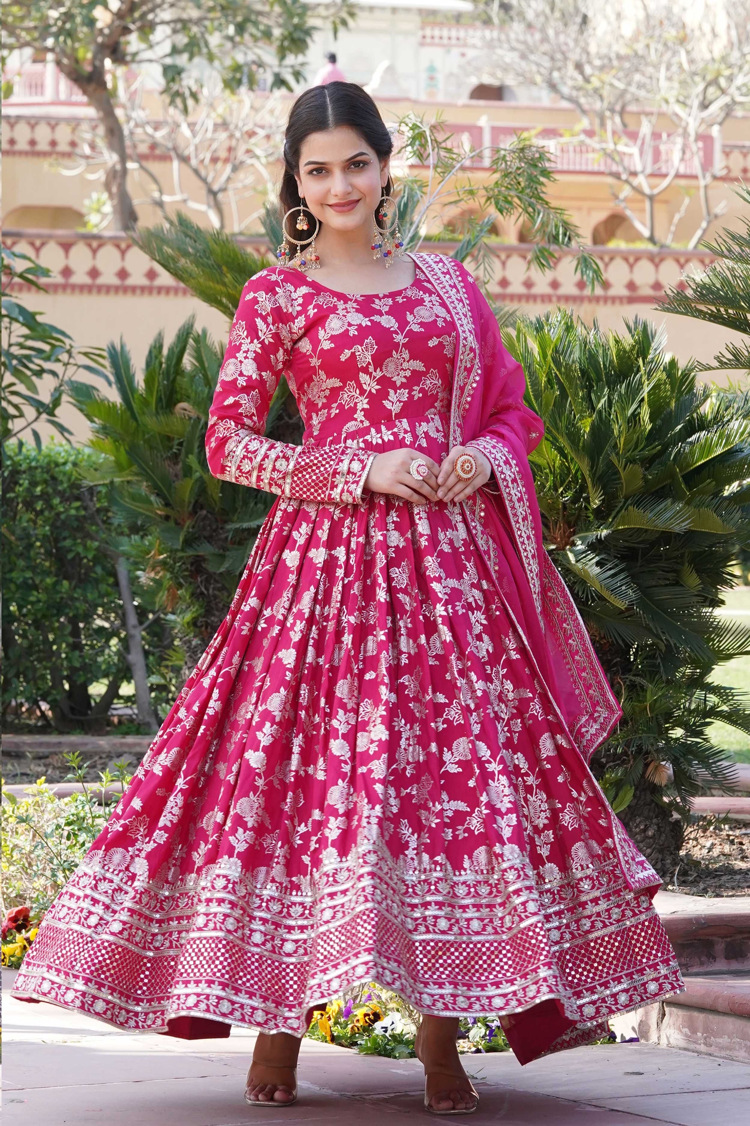 Designer Party Wear Anarkali Gown – Viscose Jacquard with Sequins Embroidery & Russian Silk Dupatta