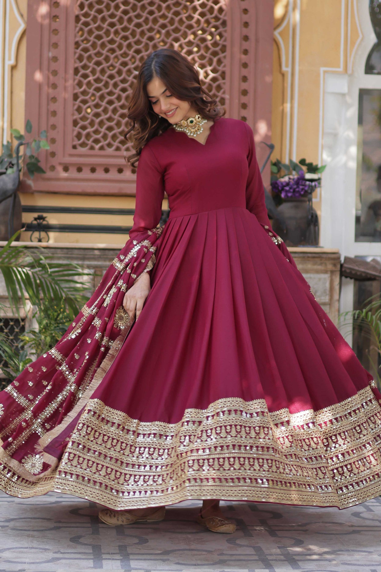 Premium Designer Star Georgette Gown with Dupatta – Zari & Sequins Embroidery