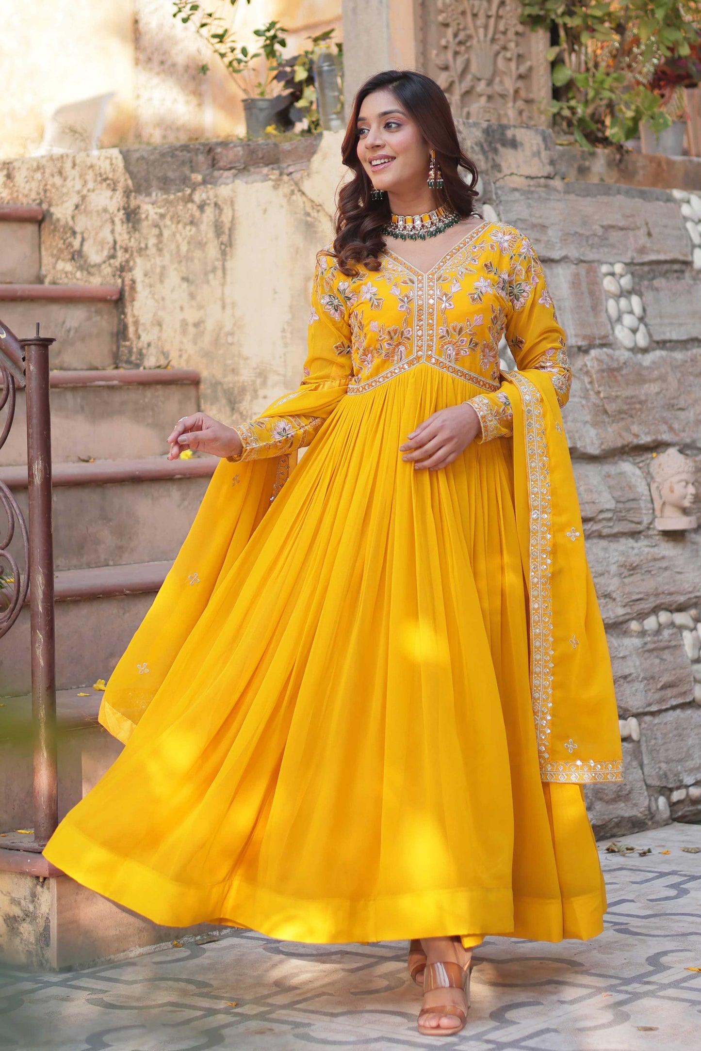 Premium Designer Readymade Gown with Dupatta – Zari & Sequins Embroidery