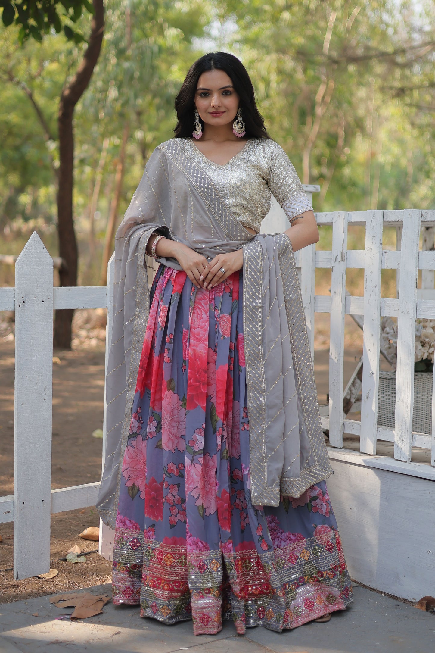 Best New Lehenga Choli Collection – Digital Printed Faux Georgette with Sequins & Thread Embroidery Free size(42')