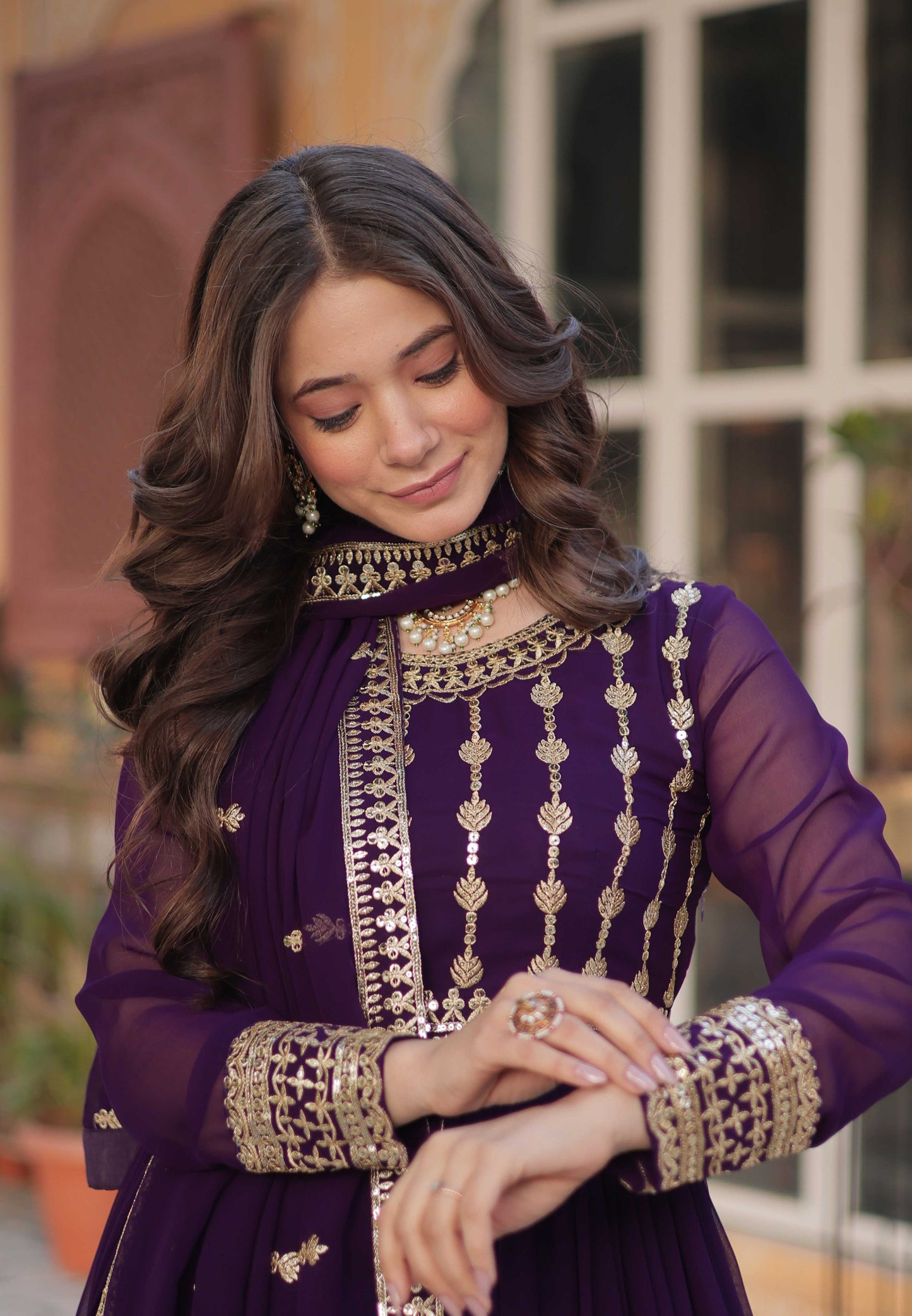Premium Designer Readymade Gown with Dupatta – Zari & Sequins Embroidery