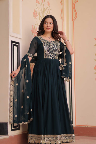 Designer Readymade Gown Set with Sequin Zari Work & Lace Dupatta
