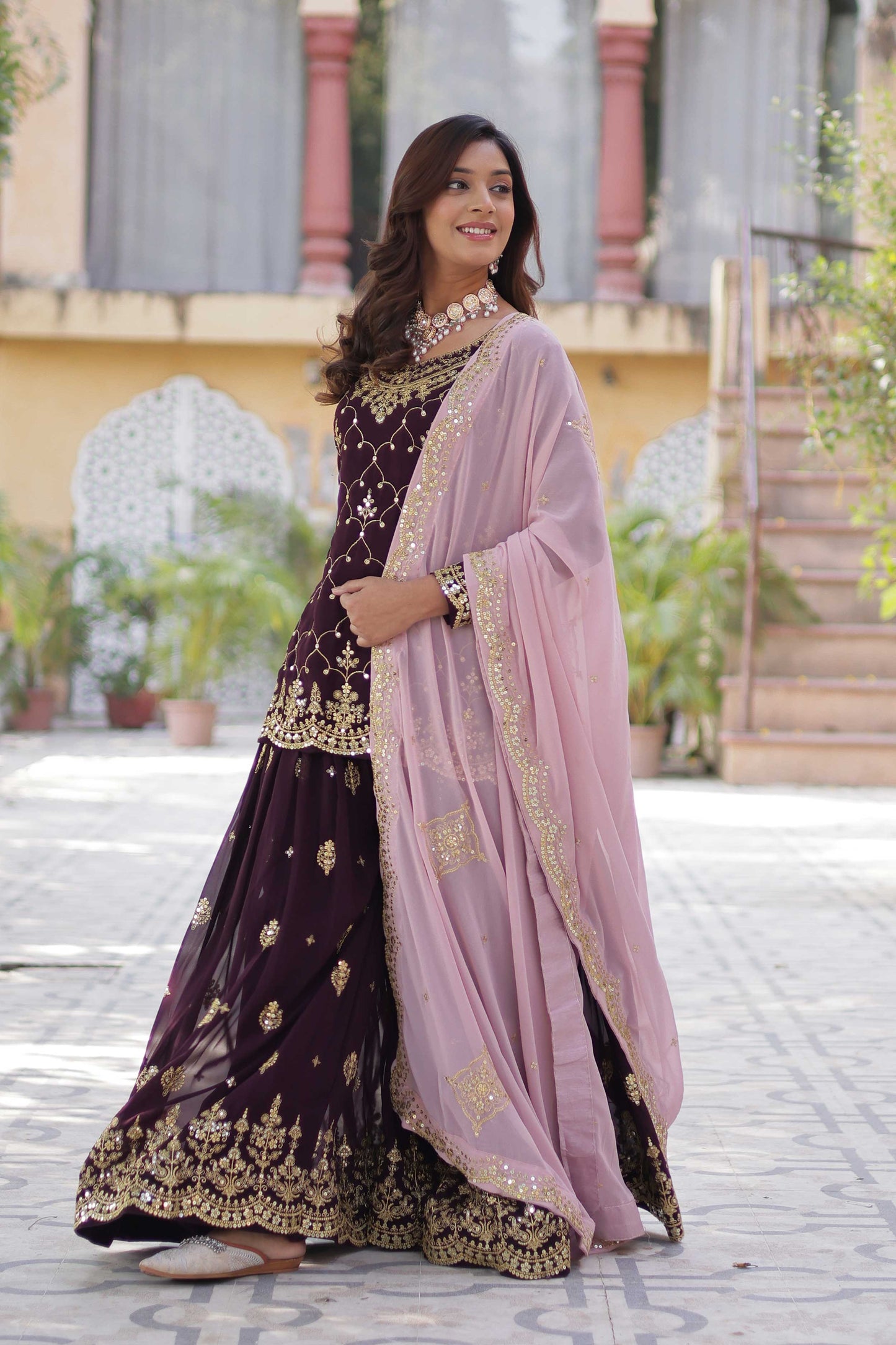 Premium Designer Kurti Plazzo Dupatta Set – Faux Blooming with Sequins Embroidery & Cutwork Dupatta