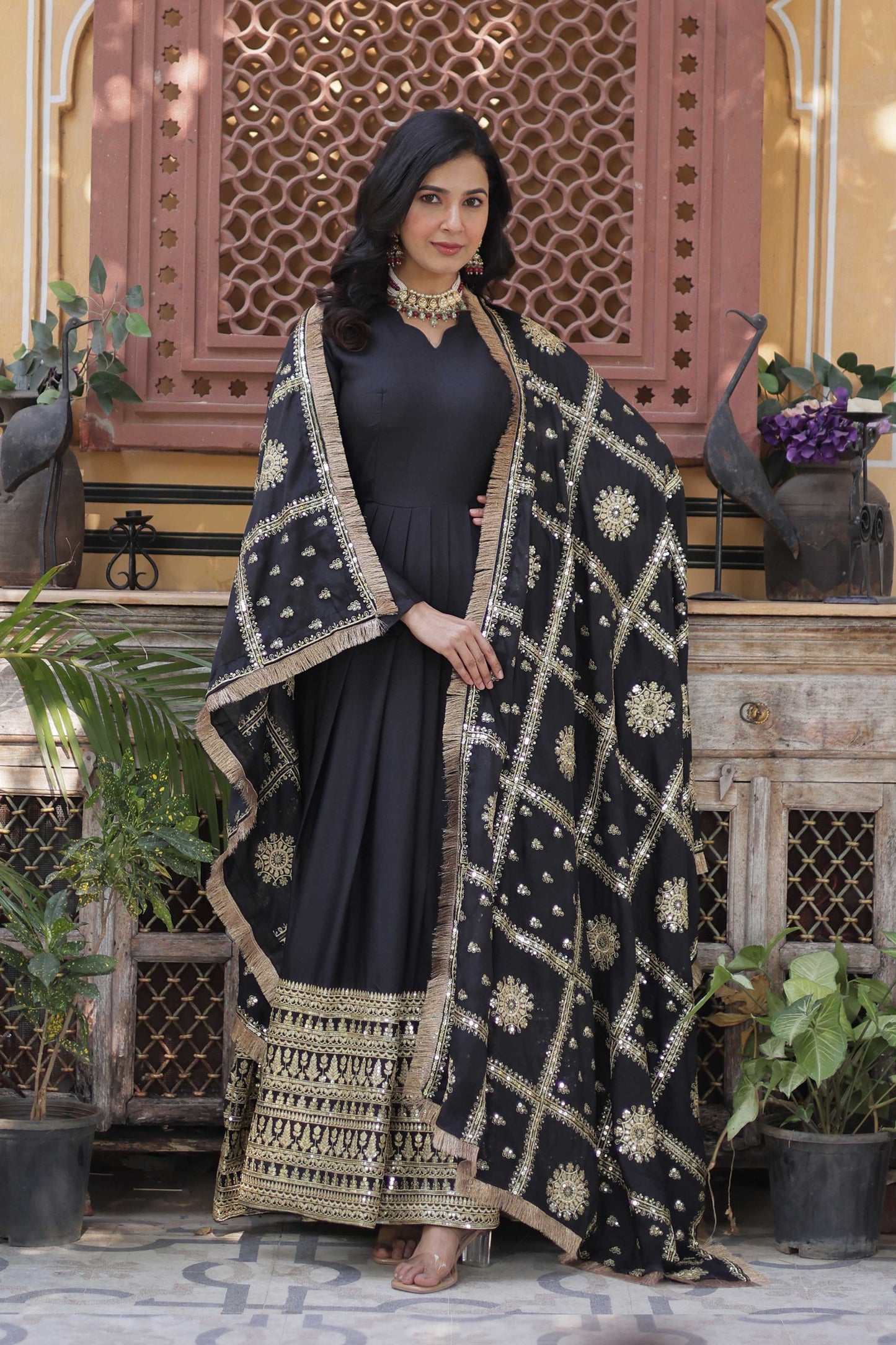 Premium Designer Star Georgette Gown with Dupatta – Zari & Sequins Embroidery
