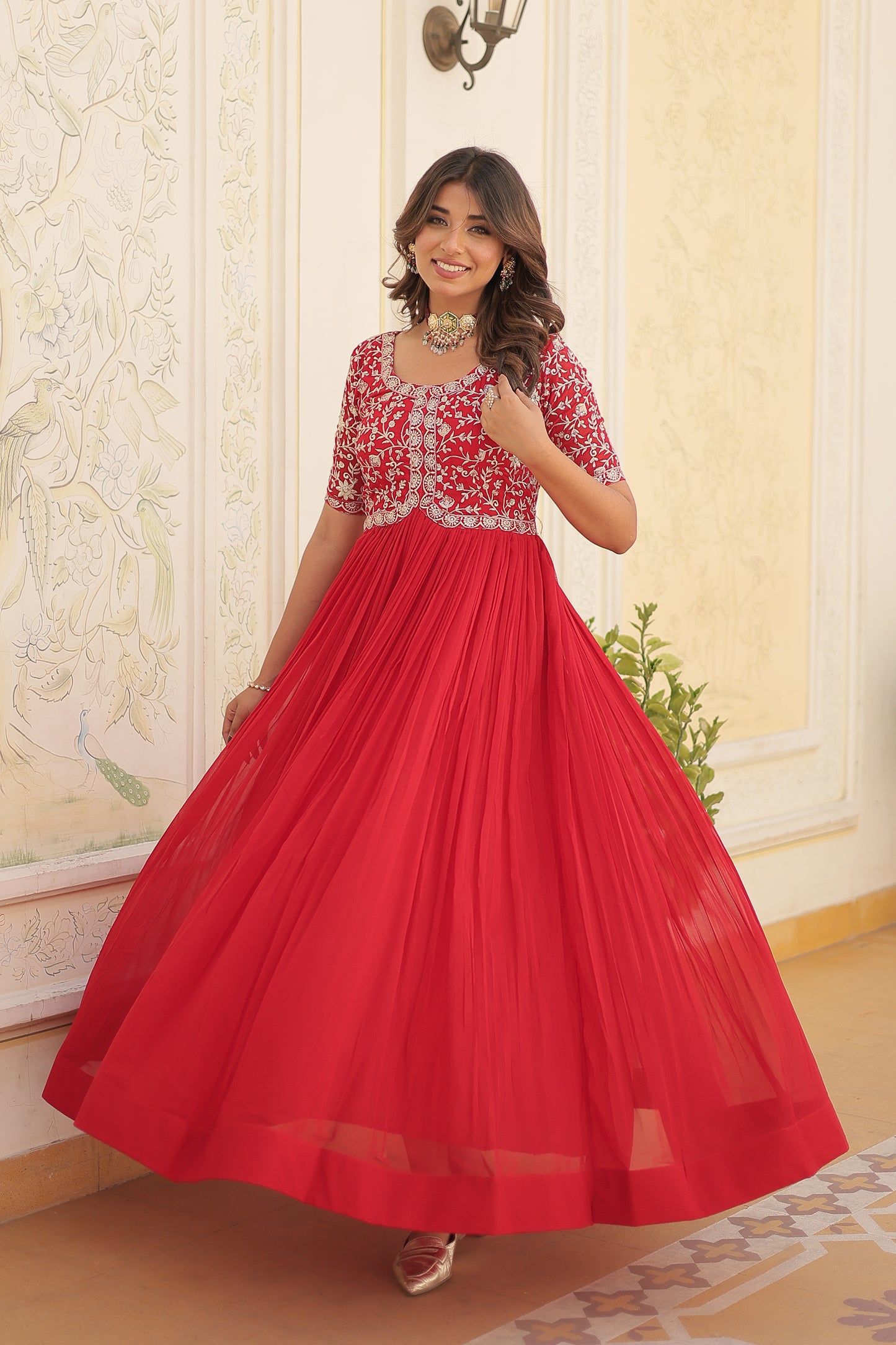 Elegant Georgette Embroidered Gown – Zari & Sequins Work