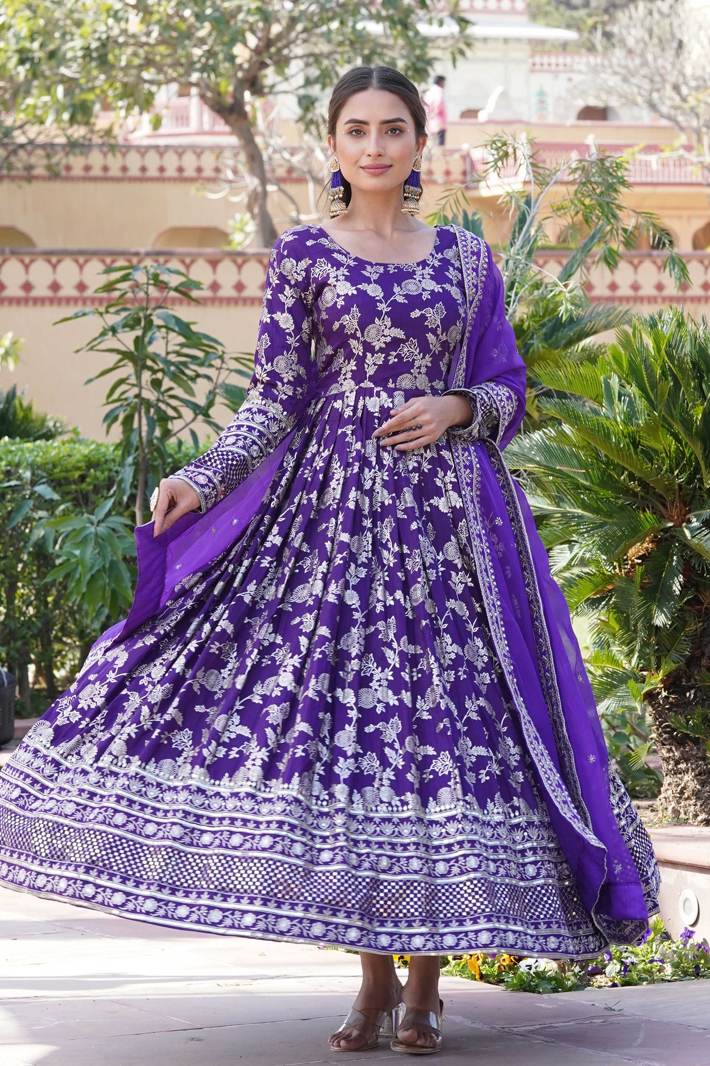 Designer Party Wear Anarkali Gown – Viscose Jacquard with Sequins Embroidery & Russian Silk Dupatta