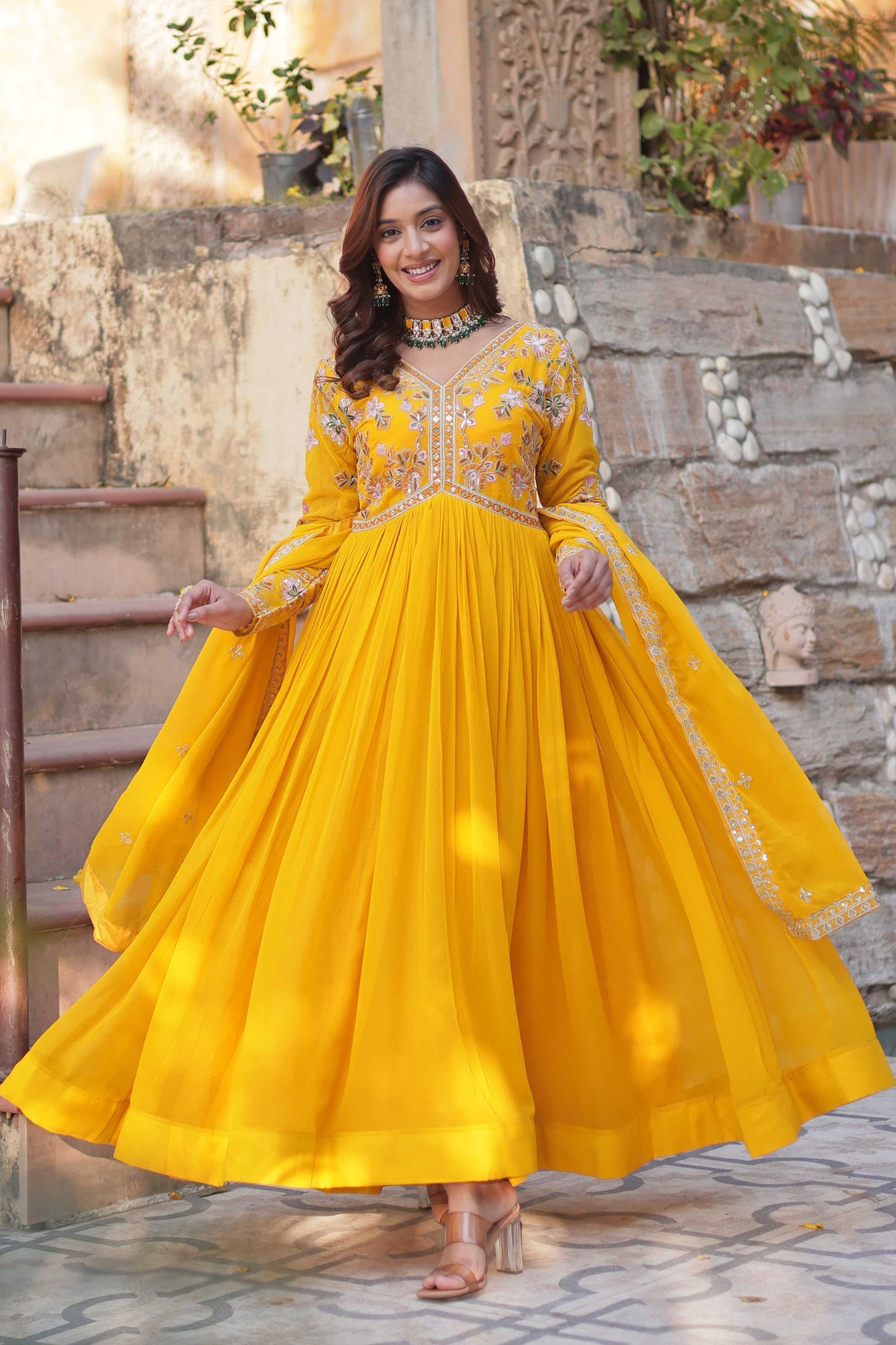 Premium Designer Readymade Gown with Dupatta – Zari & Sequins Embroidery
