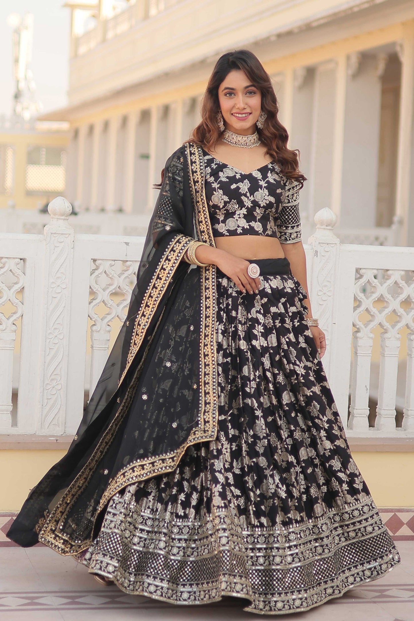 Designer Dyeable Viscose Jacquard Lehenga Choli & Dupatta Set – Sequins Embroidery & Russian Silk Dupatta