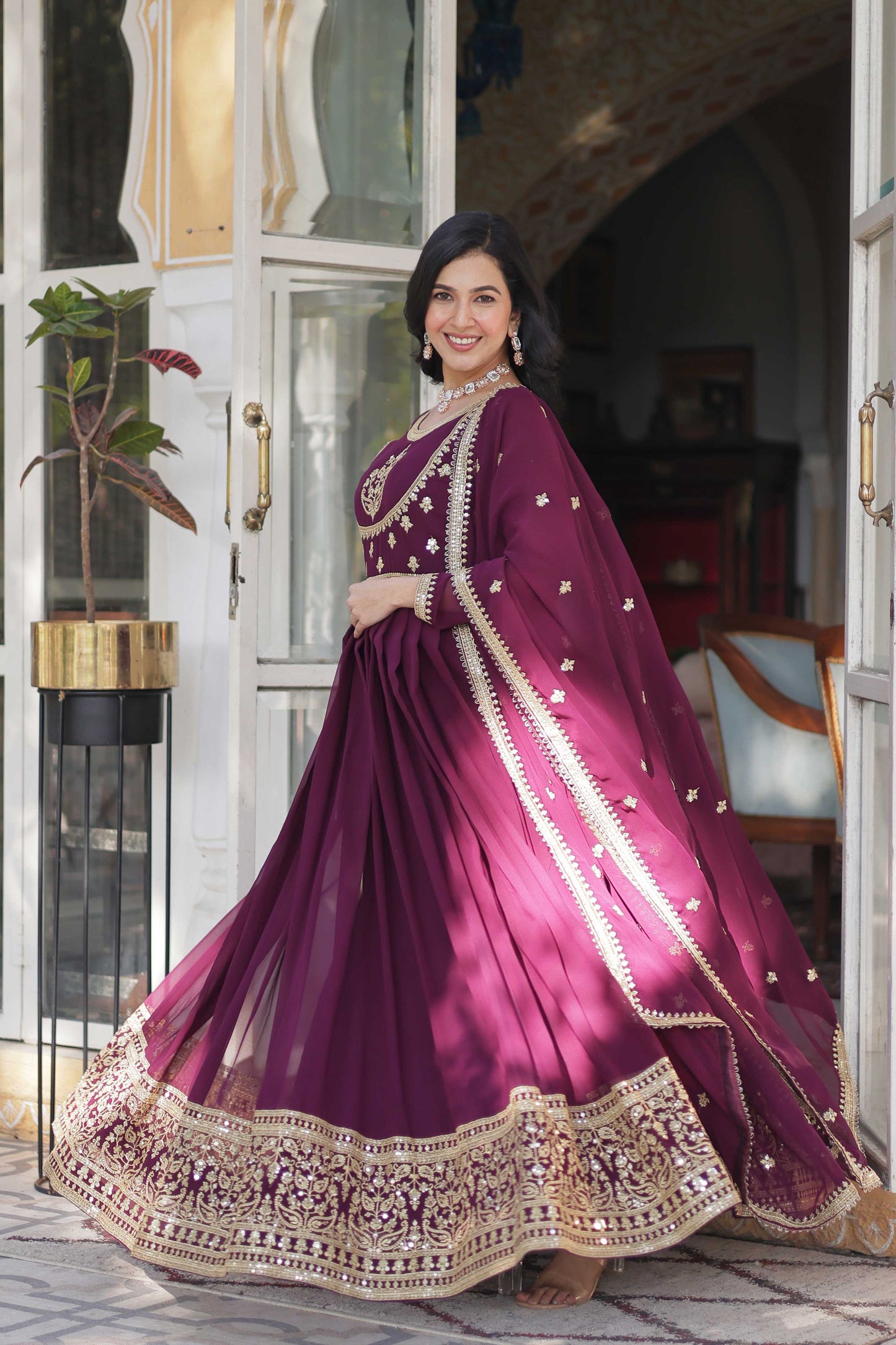 Faux Blooming Georgette Embroidered Gown with Dupatta β Rich Sequins Work & Lace Border