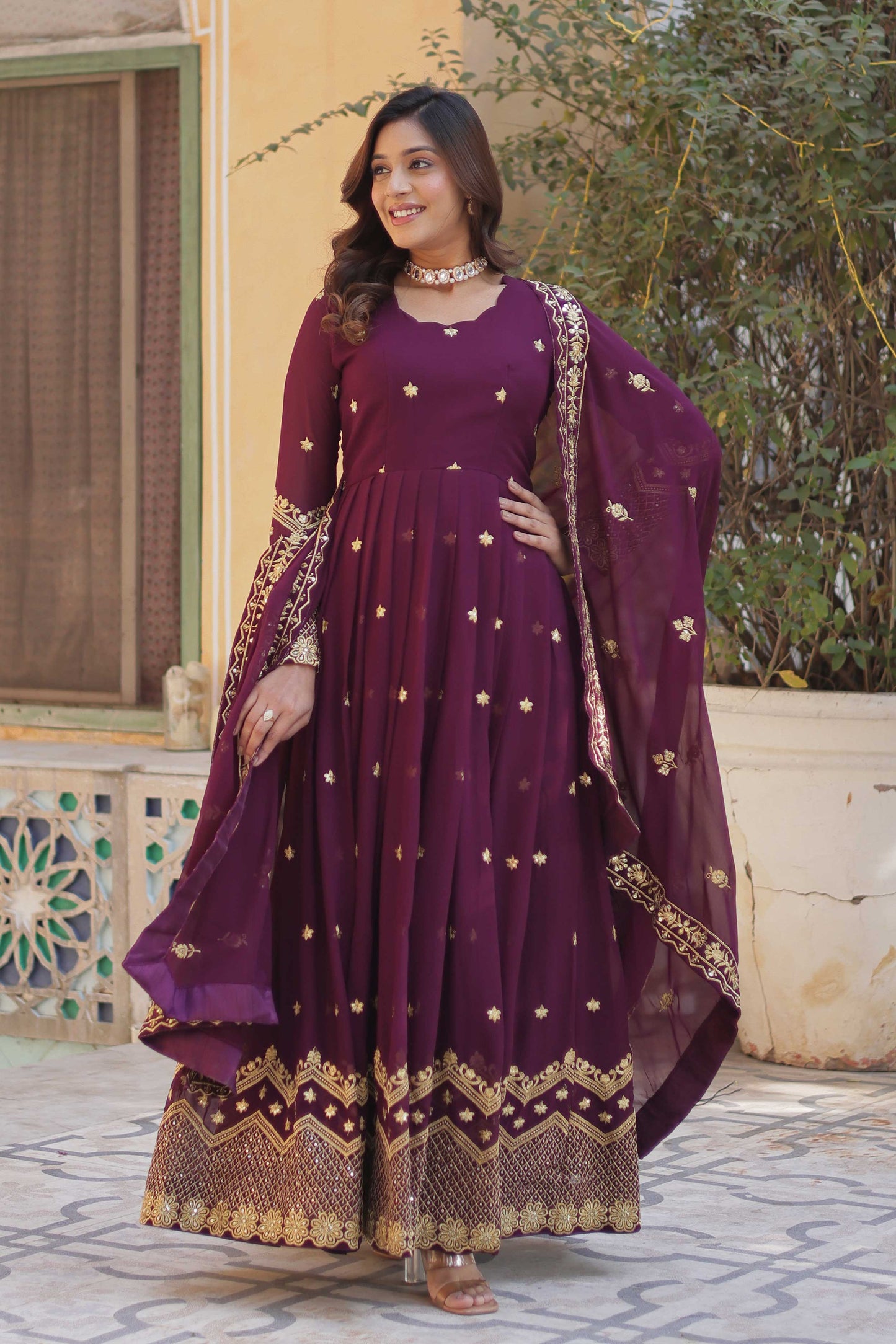 Premium Designer Readymade Gown with Dupatta – Zari & Sequins Embroidery | 2025 Collection