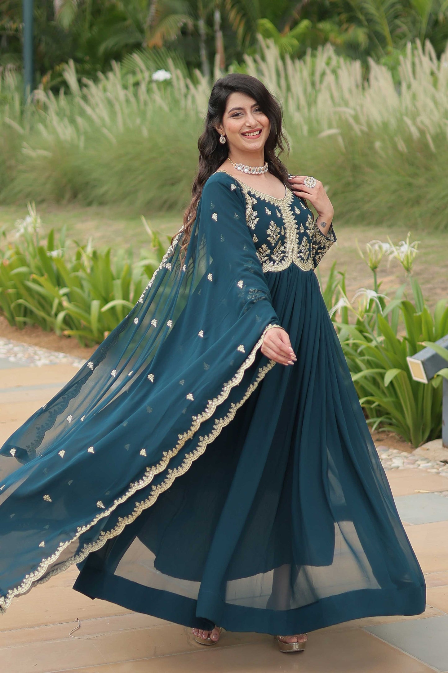 Premium Readymade Gown with Dupatta – Faux Blooming with Multi-Sequins & Zari Embroidery