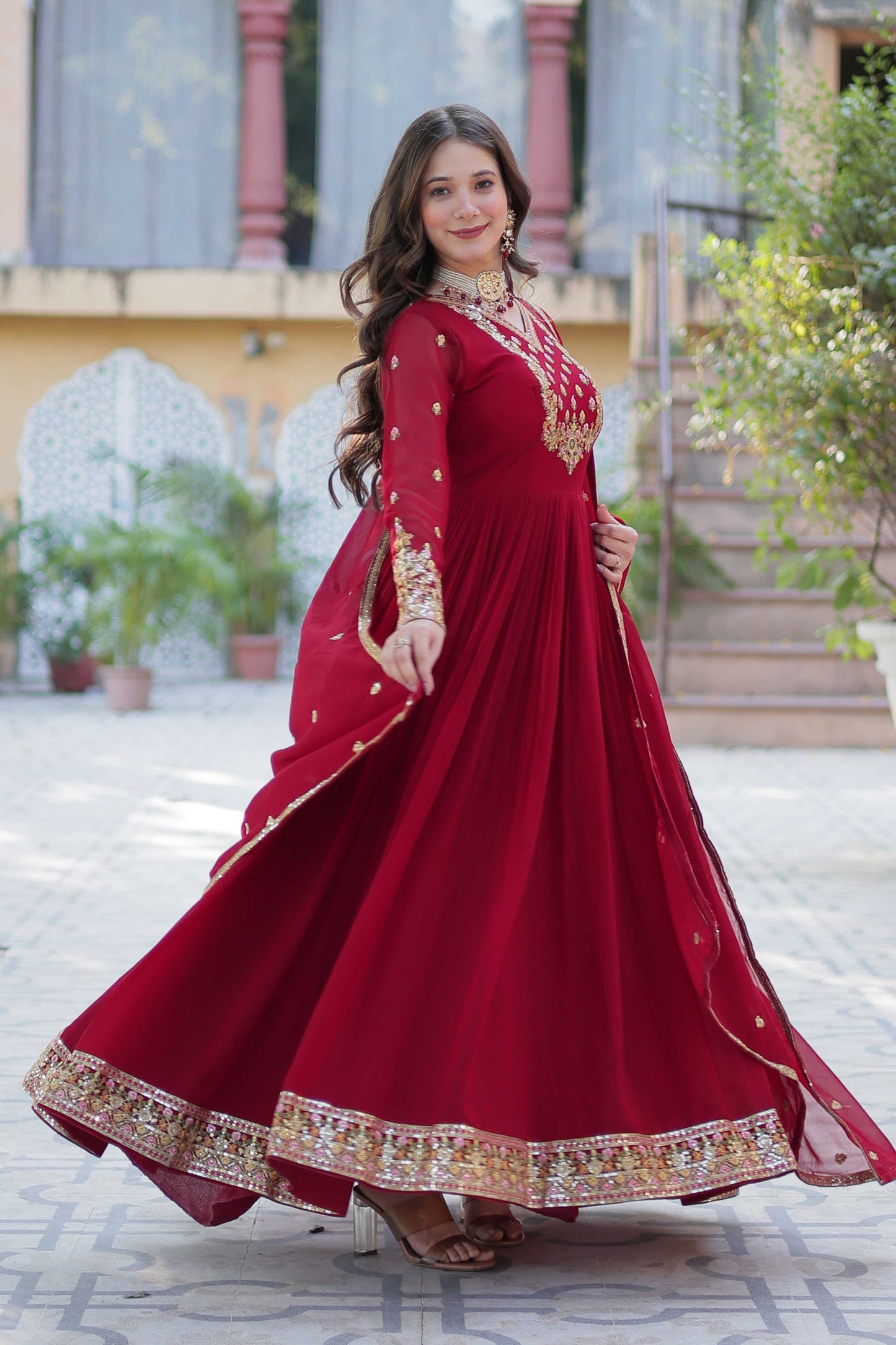 Elegant Faux Blooming Georgette Gown with Dupatta – Rich Sequins Embroidery & Lace Border