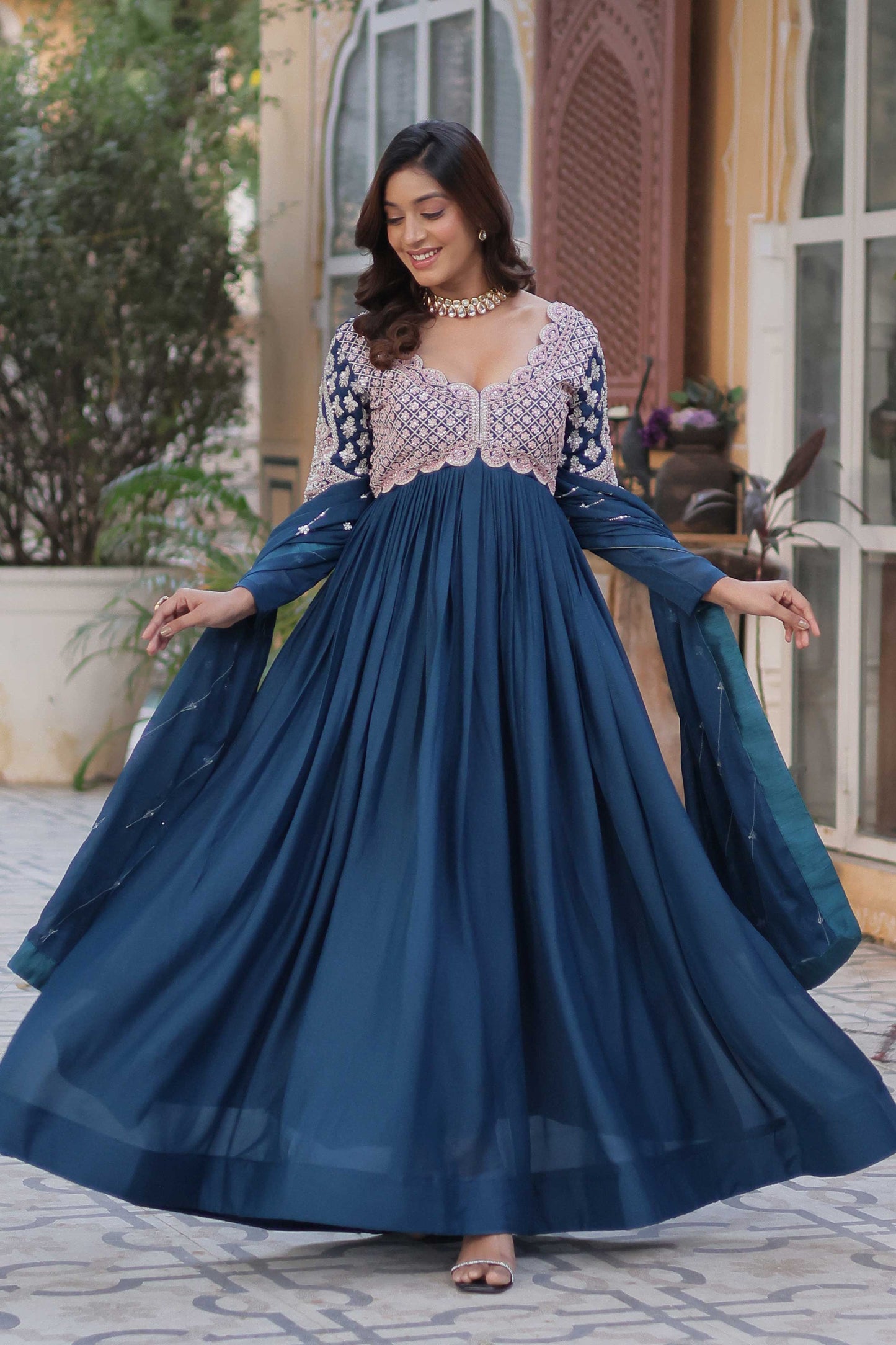 Premium Designer Readymade Gown with Dupatta – Star Georgette & Embroidery Bead Sequins Work