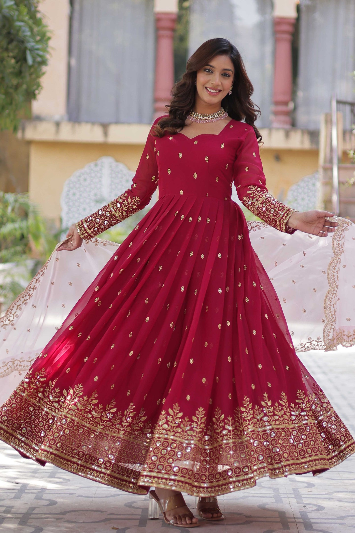 Premium Designer Readymade Gown with Dupatta – Zari & Sequin Embroidery, Cutwork Dupatta